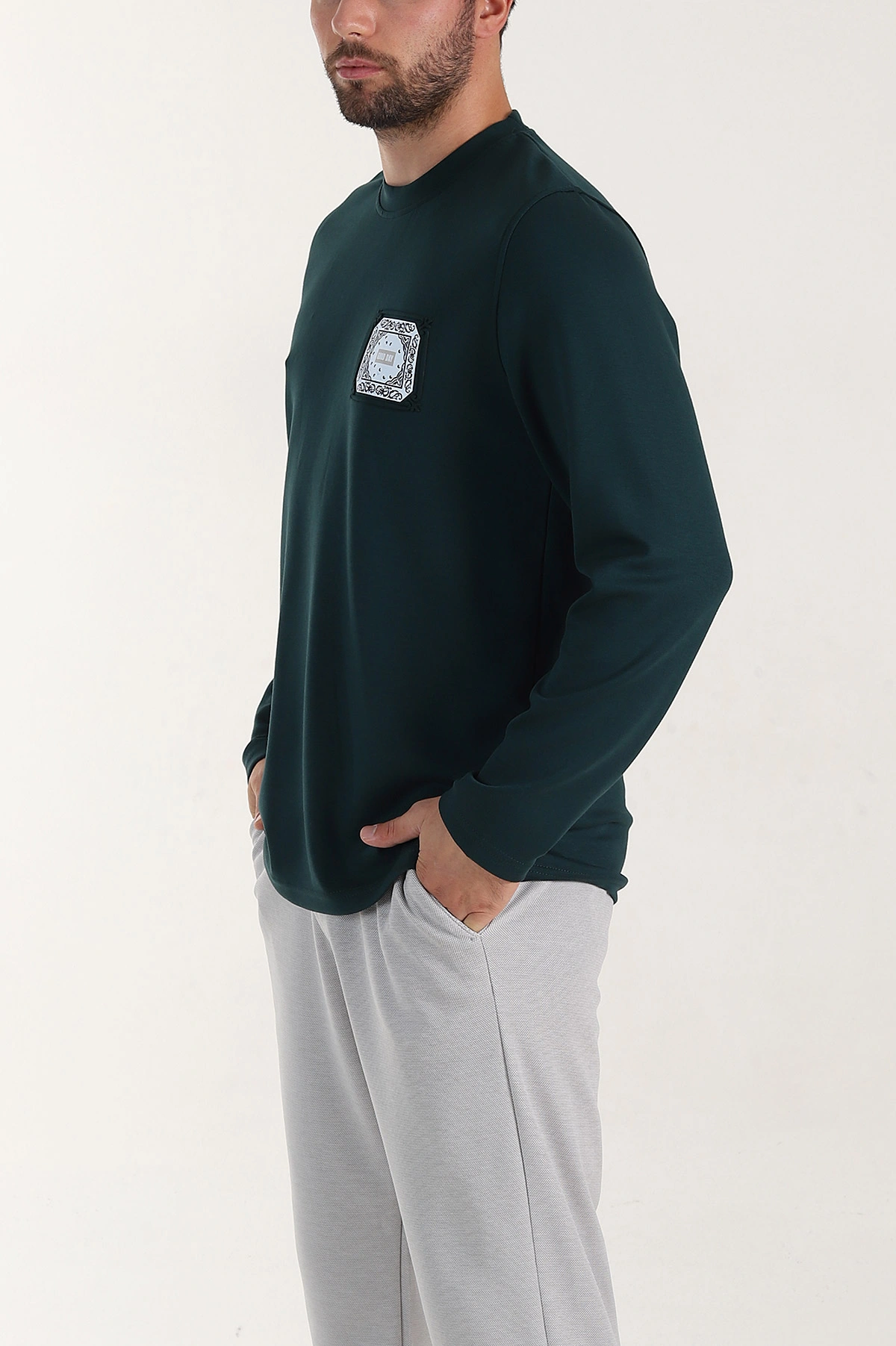 Zümrüt Yeşili Relaxed Fit Oysho Kumaş Kabartma Detaylı Erkek Sweatshirt 399525