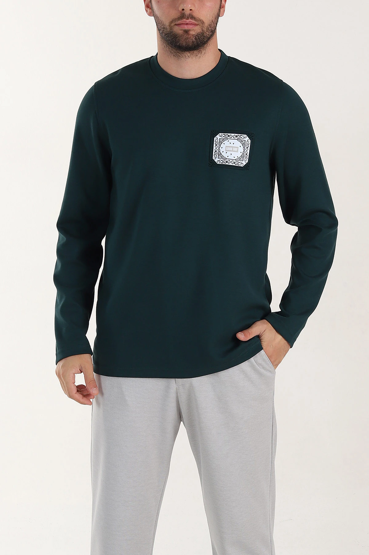 Zümrüt Yeşili Relaxed Fit Oysho Kumaş Kabartma Detaylı Erkek Sweatshirt 399525