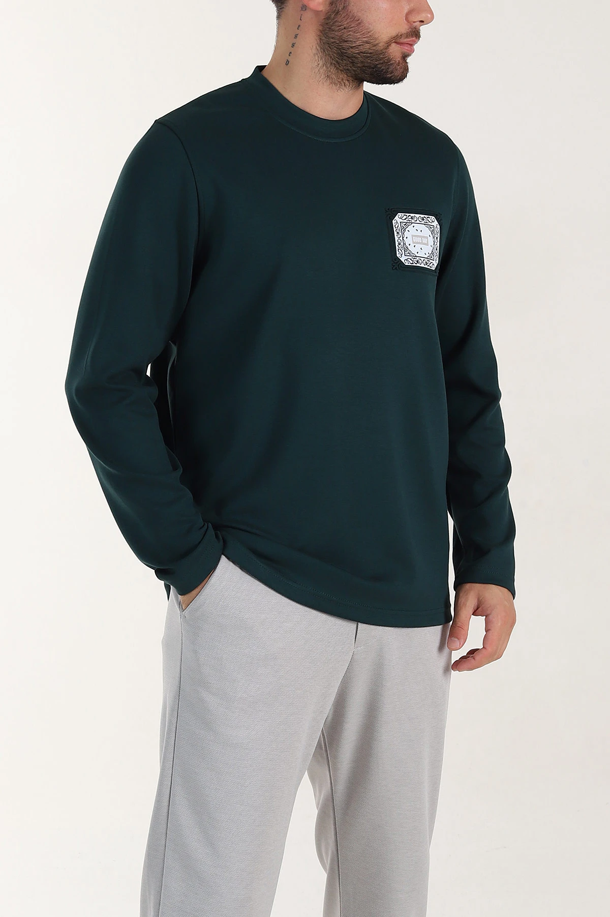 Zümrüt Yeşili Relaxed Fit Oysho Kumaş Kabartma Detaylı Erkek Sweatshirt 399525