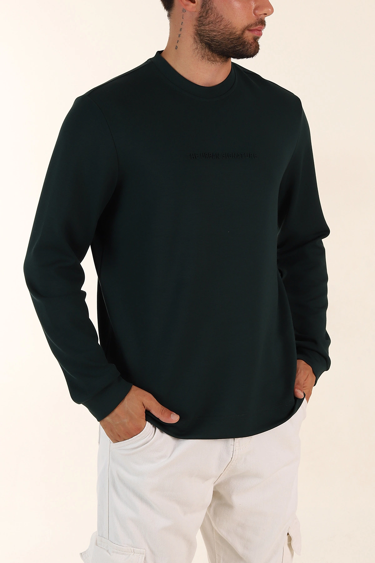 Zümrüt Yeşili Relaxed Fit Oysho Kumaş Kabartma Yazılı Erkek Sweatshirt 393290
