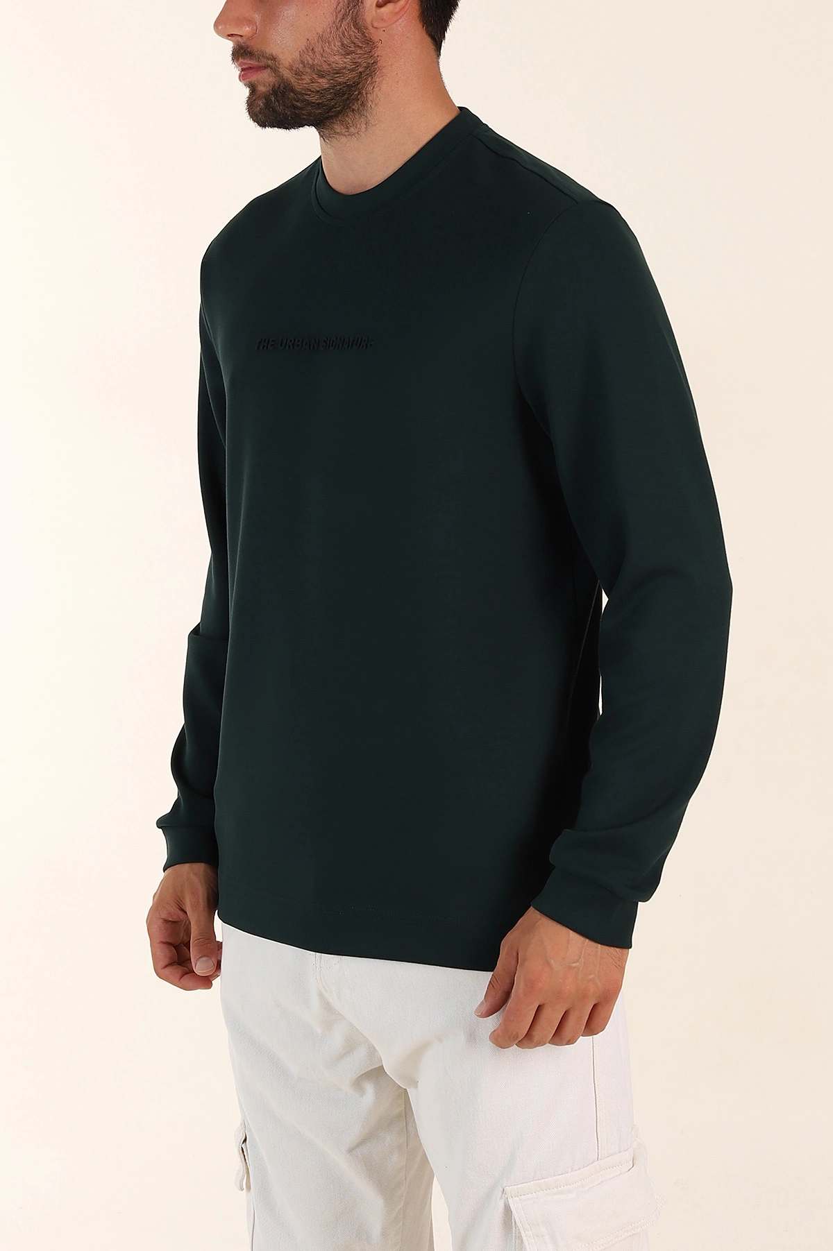 Zümrüt Yeşili Relaxed Fit Oysho Kumaş Kabartma Yazılı Erkek Sweatshirt 393290