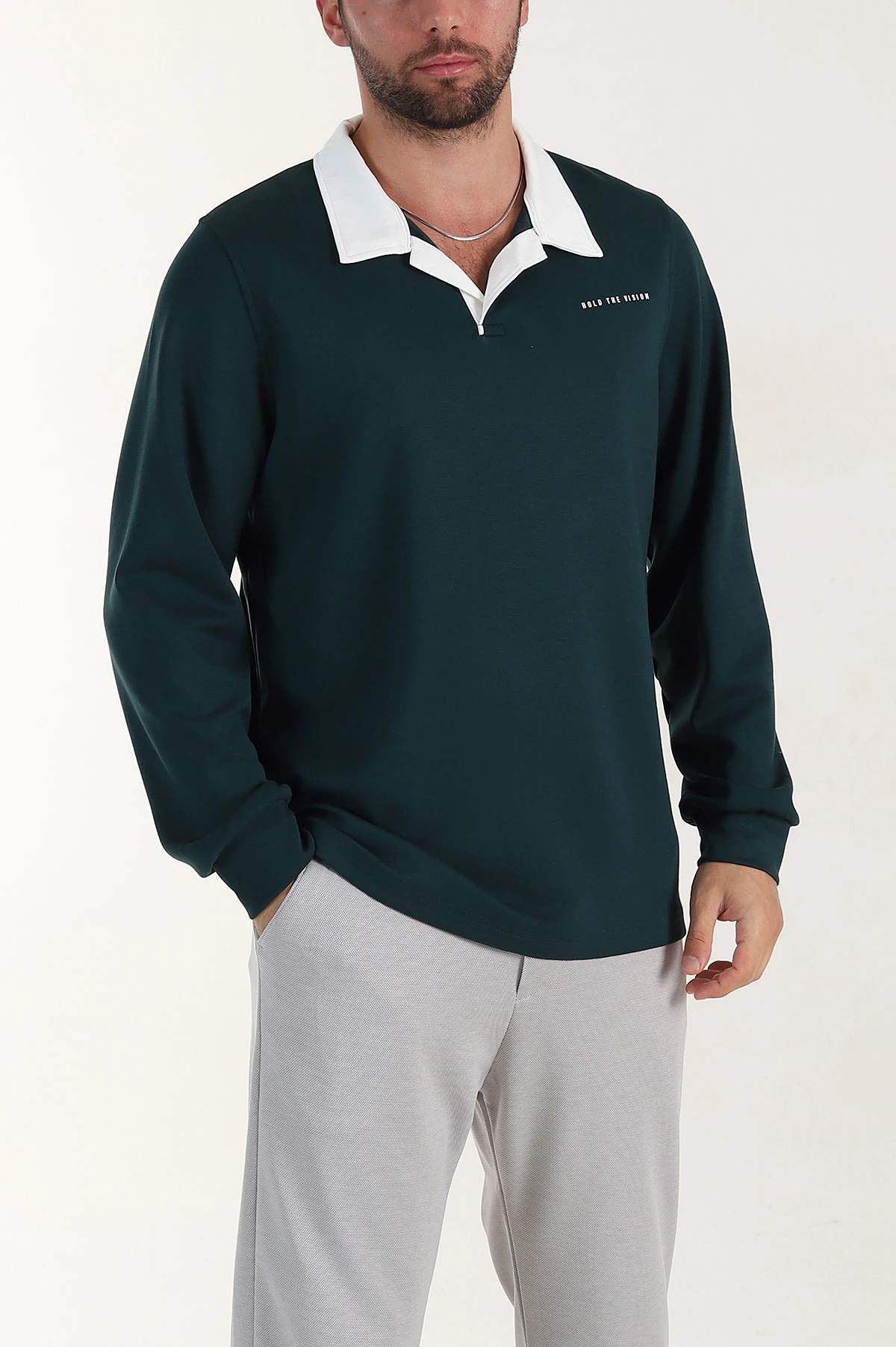 Zümrüt Yeşili Relaxed Fit Oysho Kumaş Kabartma Yazılı Polo Yaka Erkek Sweatshirt 399584