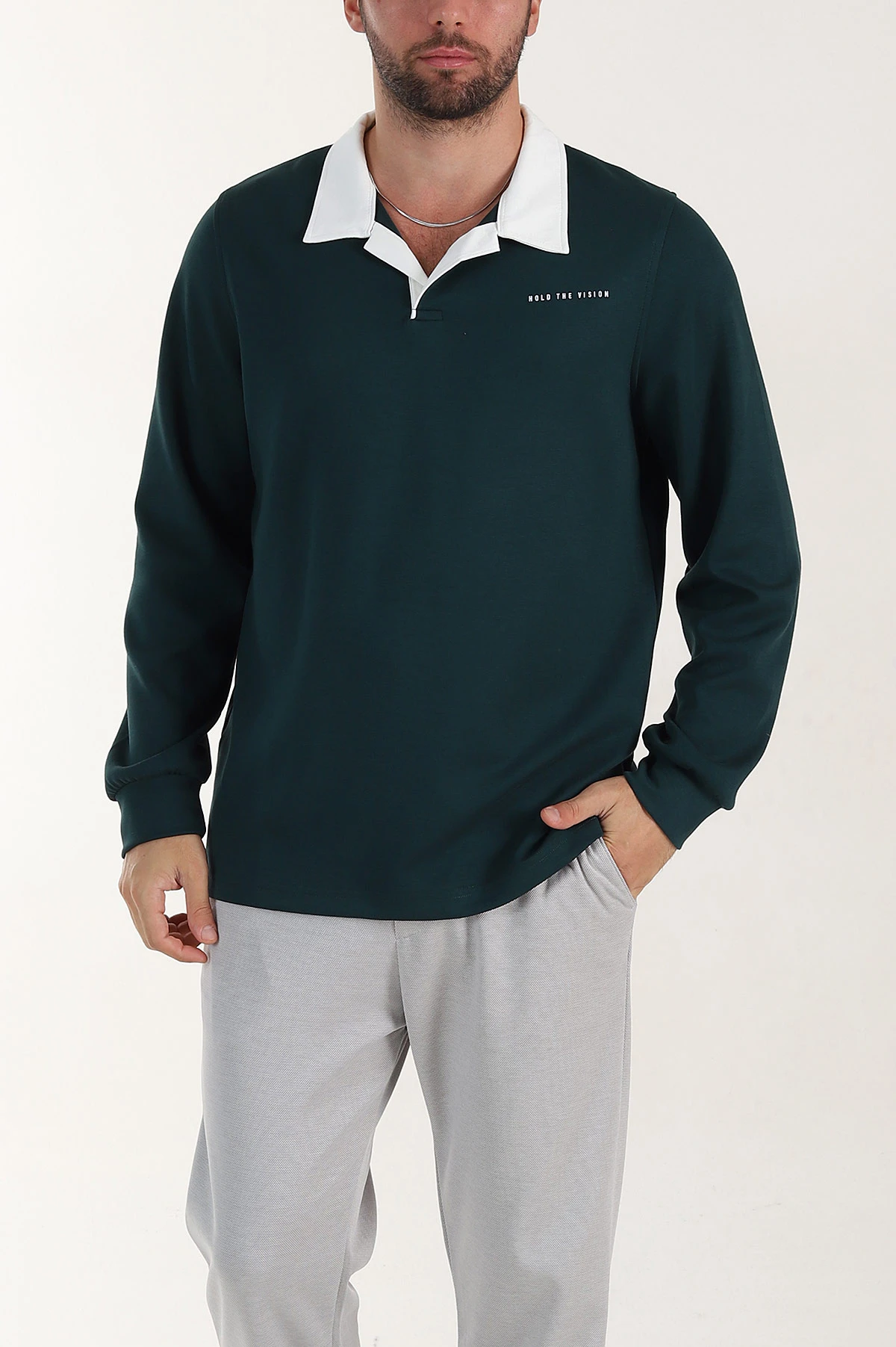 Zümrüt Yeşili Relaxed Fit Oysho Kumaş Kabartma Yazılı Polo Yaka Erkek Sweatshirt 399584