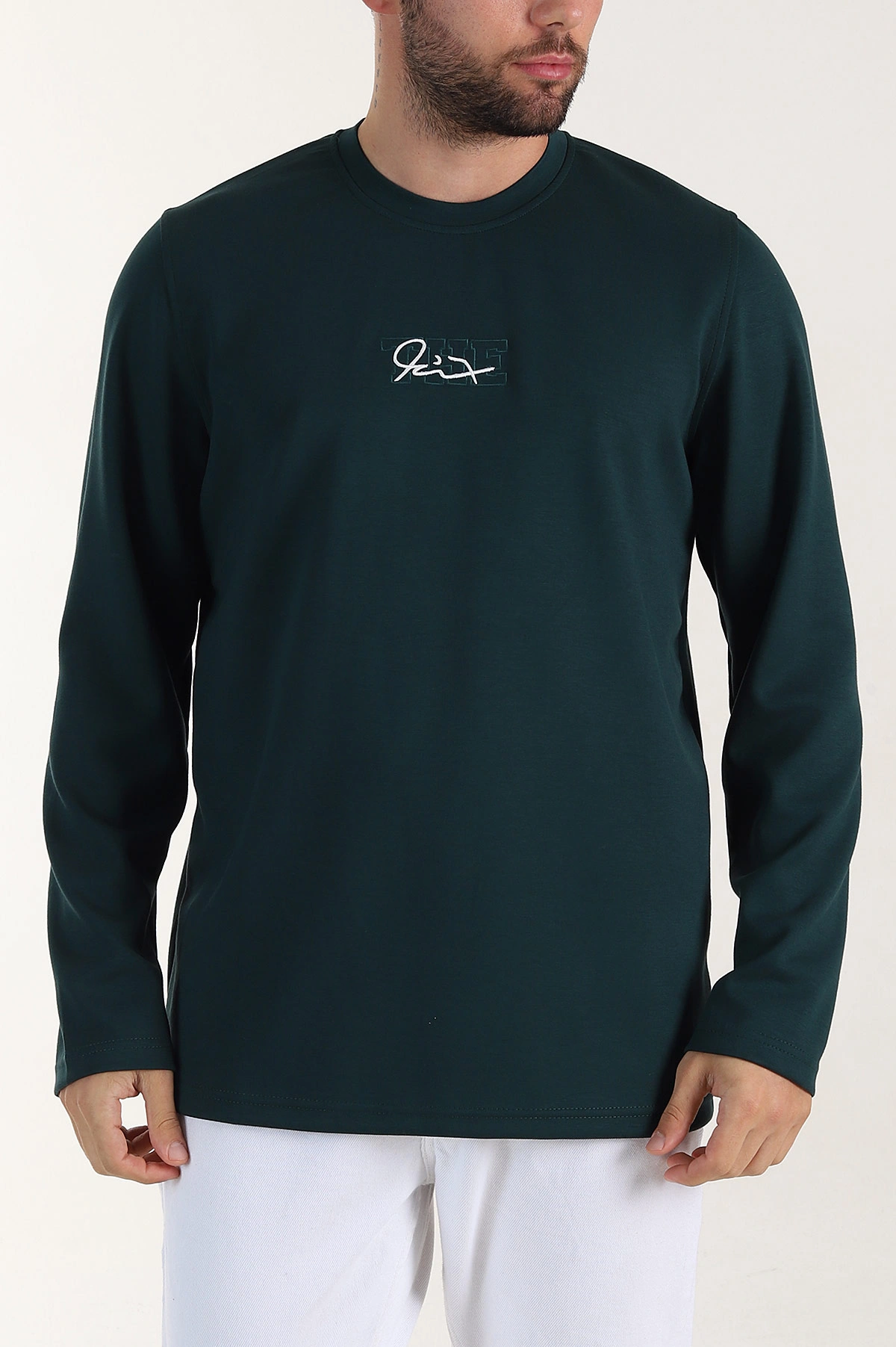 Zümrüt Yeşili Relaxed Fit Oysho Kumaş Nakışlı Yazı Detay Erkek Sweatshirt 399392