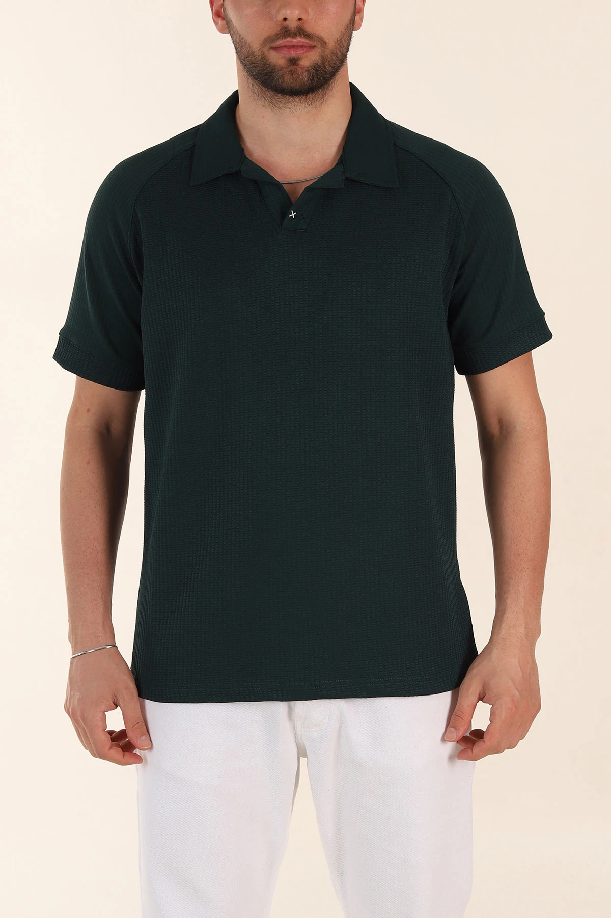 Zümrüt Yeşili Relaxed Fit Petek Dokulu Patlı Polo Yaka Erkek Tişört 370253