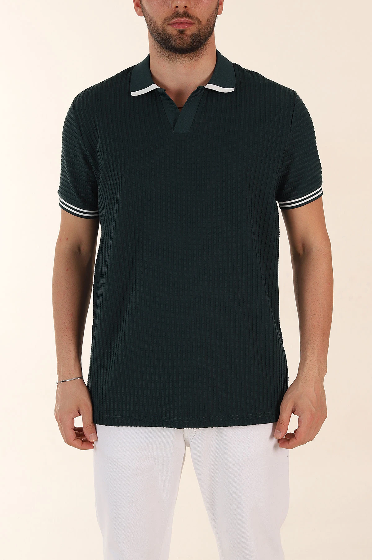 Zümrüt Yeşili Relaxed Fit Petek Dokulu Patlı Polo Yaka Erkek Tişört 370258