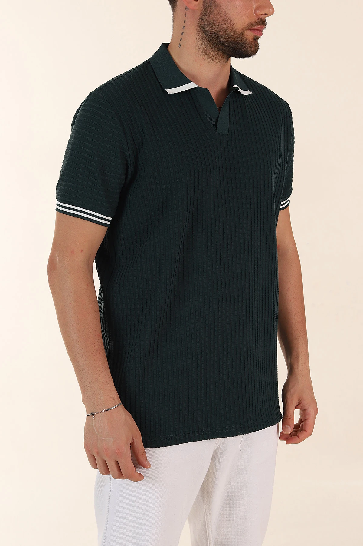 Zümrüt Yeşili Relaxed Fit Petek Dokulu Patlı Polo Yaka Erkek Tişört 370258