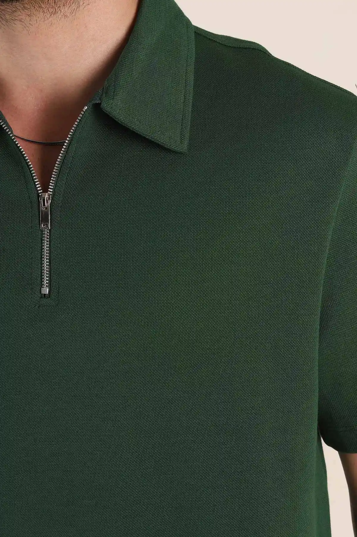 Zümrüt Yeşili Relaxed Fit Pike Doku Fermuarlı Polo Yaka Erkek Tişört 368375
