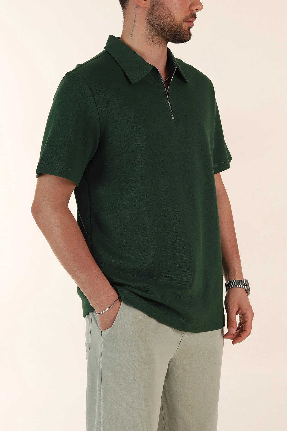 Zümrüt Yeşili Relaxed Fit Pike Doku Fermuarlı Polo Yaka Erkek Tişört 368375
