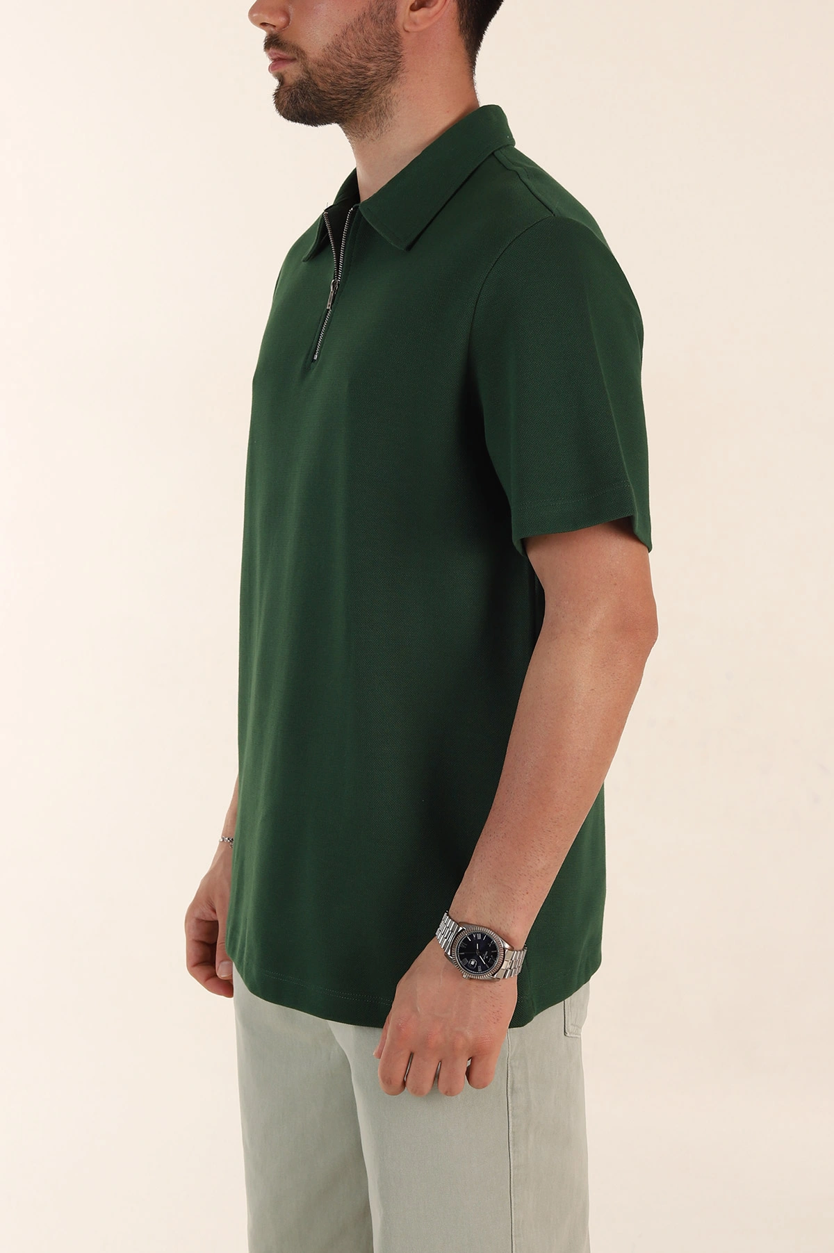 Zümrüt Yeşili Relaxed Fit Pike Doku Fermuarlı Polo Yaka Erkek Tişört 368375