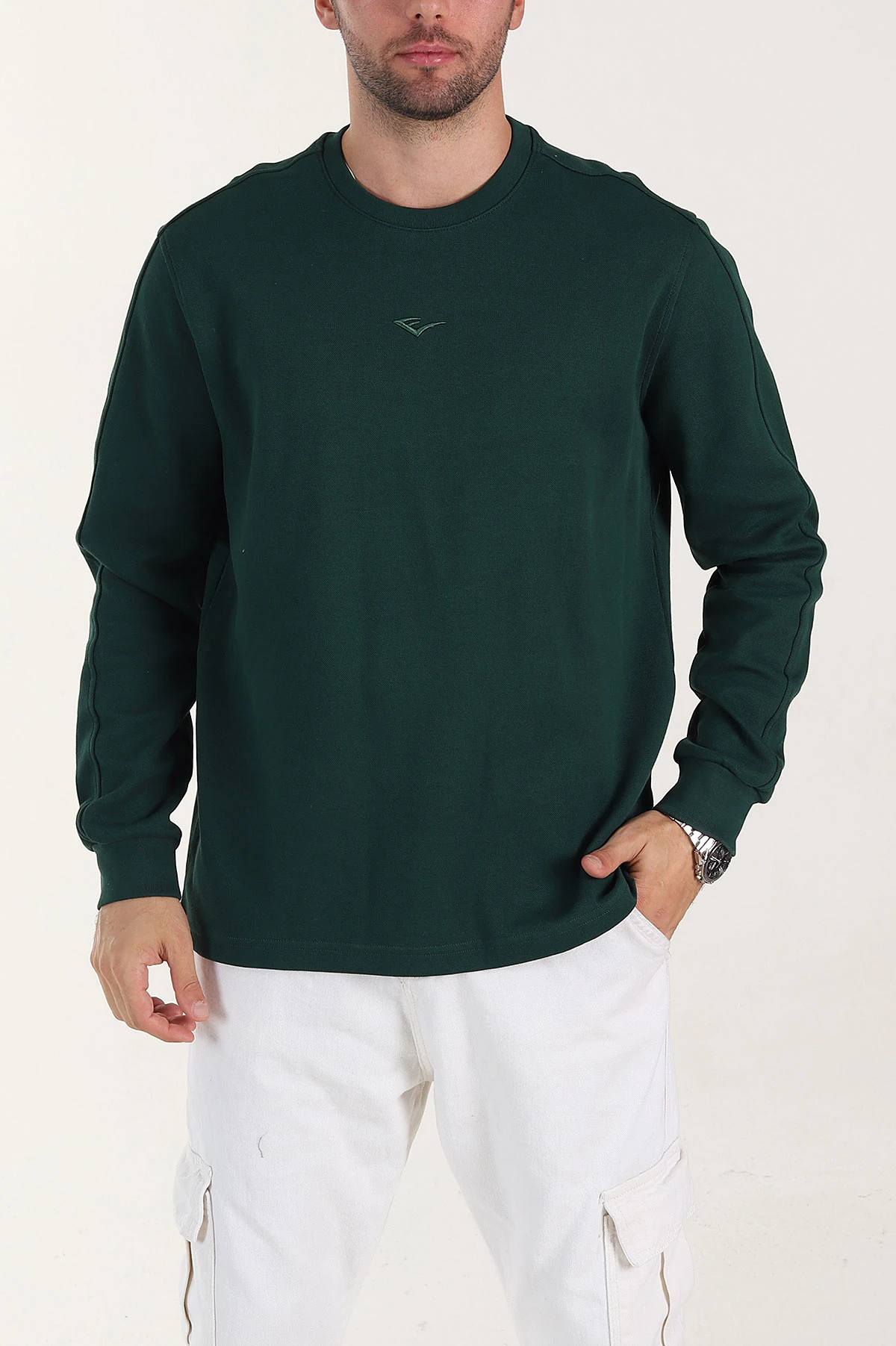 Zümrüt Yeşili Relaxed Fit Pike Dokulu Nakış Detaylı Erkek Sweatshirt 400893