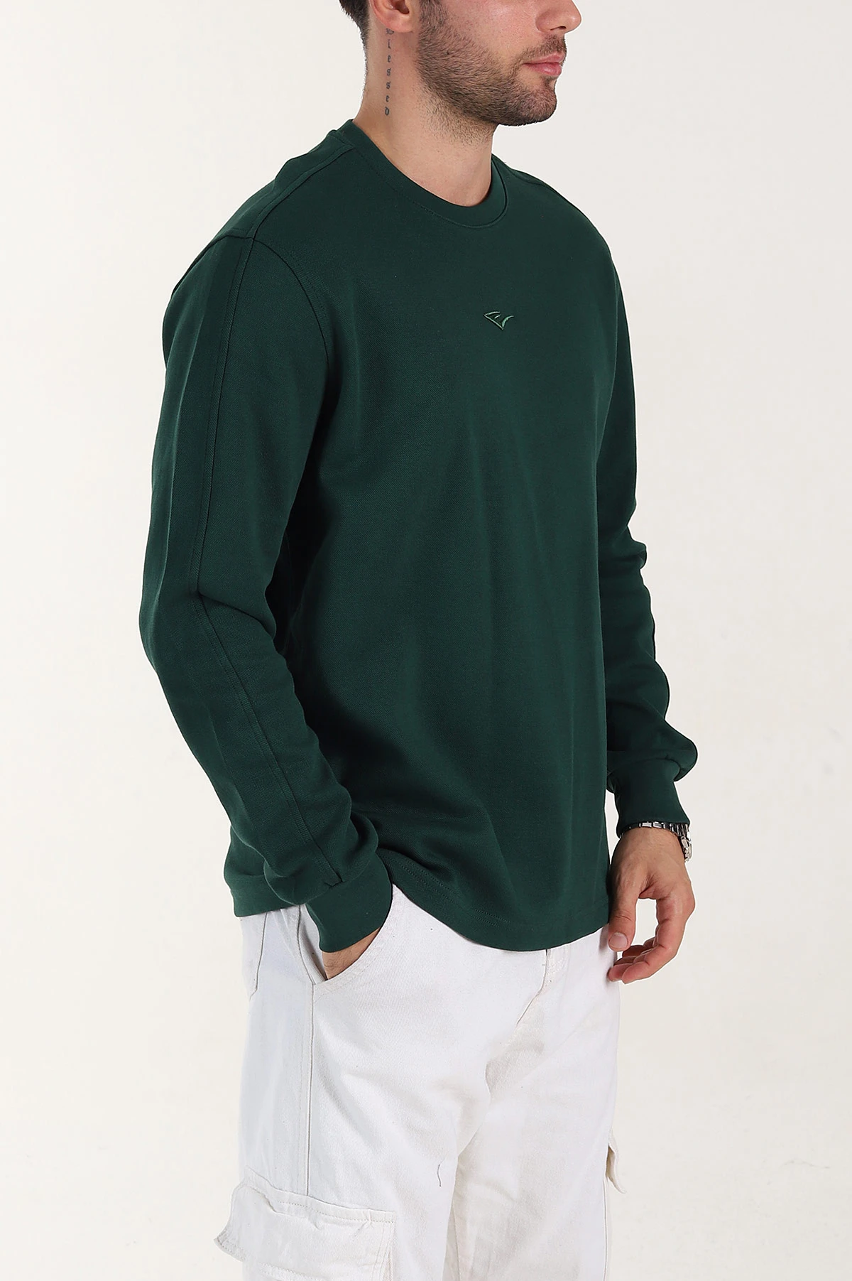 Zümrüt Yeşili Relaxed Fit Pike Dokulu Nakış Detaylı Erkek Sweatshirt 400893