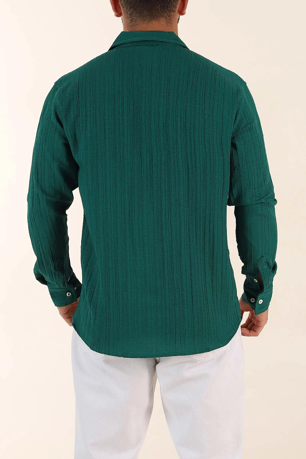 Zümrüt Yeşili Relaxed Fit Pliseli Uzun Kollu Erkek Gömlek 369581