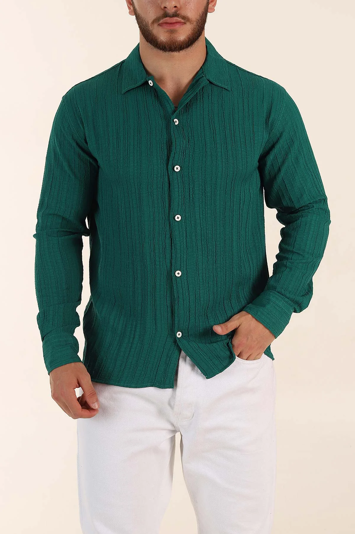 Zümrüt Yeşili Relaxed Fit Pliseli Uzun Kollu Erkek Gömlek 369581