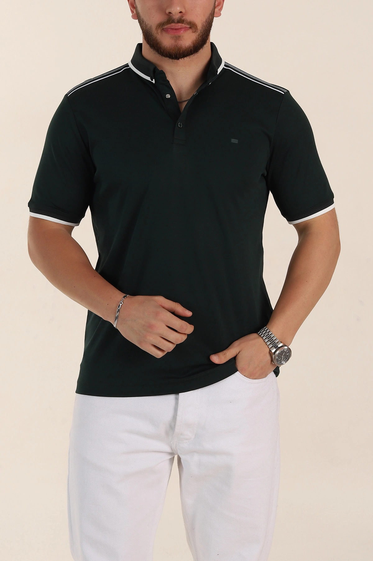 Zümrüt Yeşili Relaxed Fit Şerit Detaylı Polo Yaka Erkek Tişört 359109