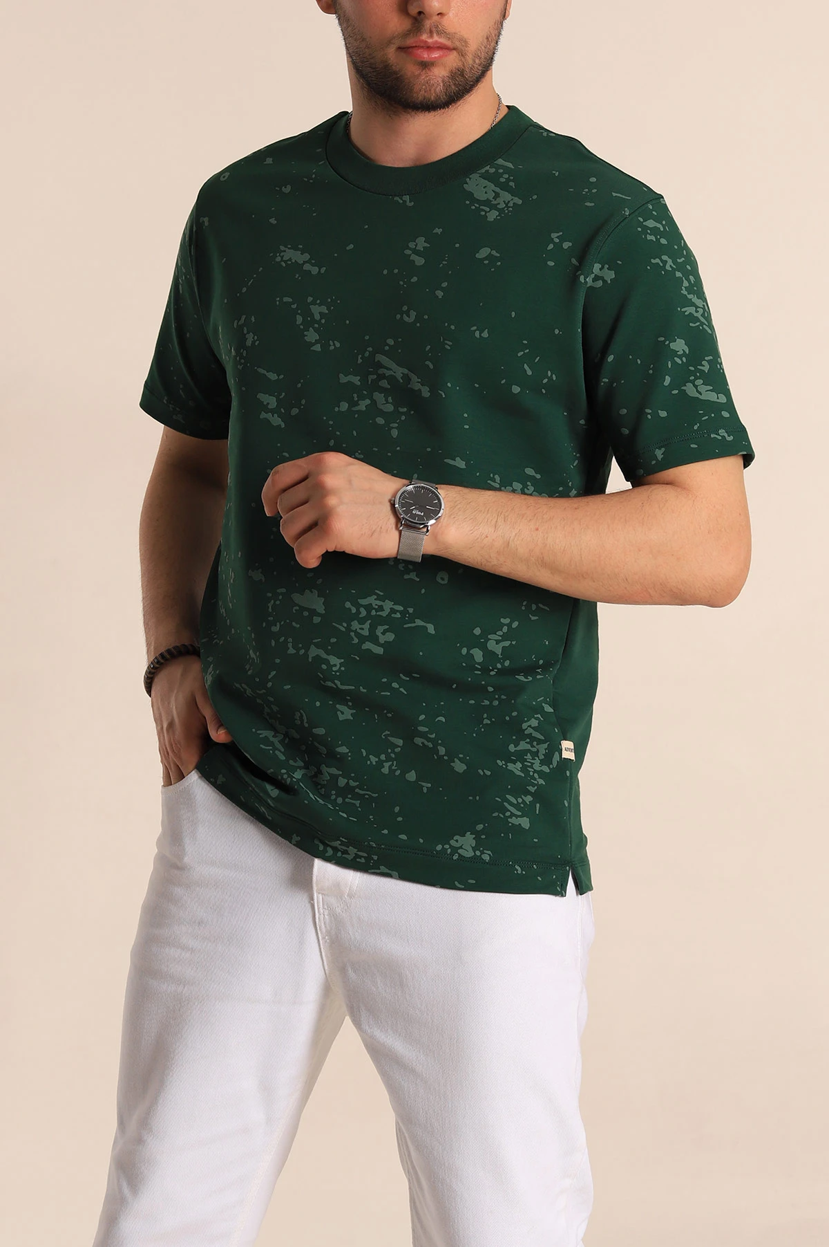Zümrüt Yeşili Relaxed Fit Sprey Baskılı Erkek Tişört 261621