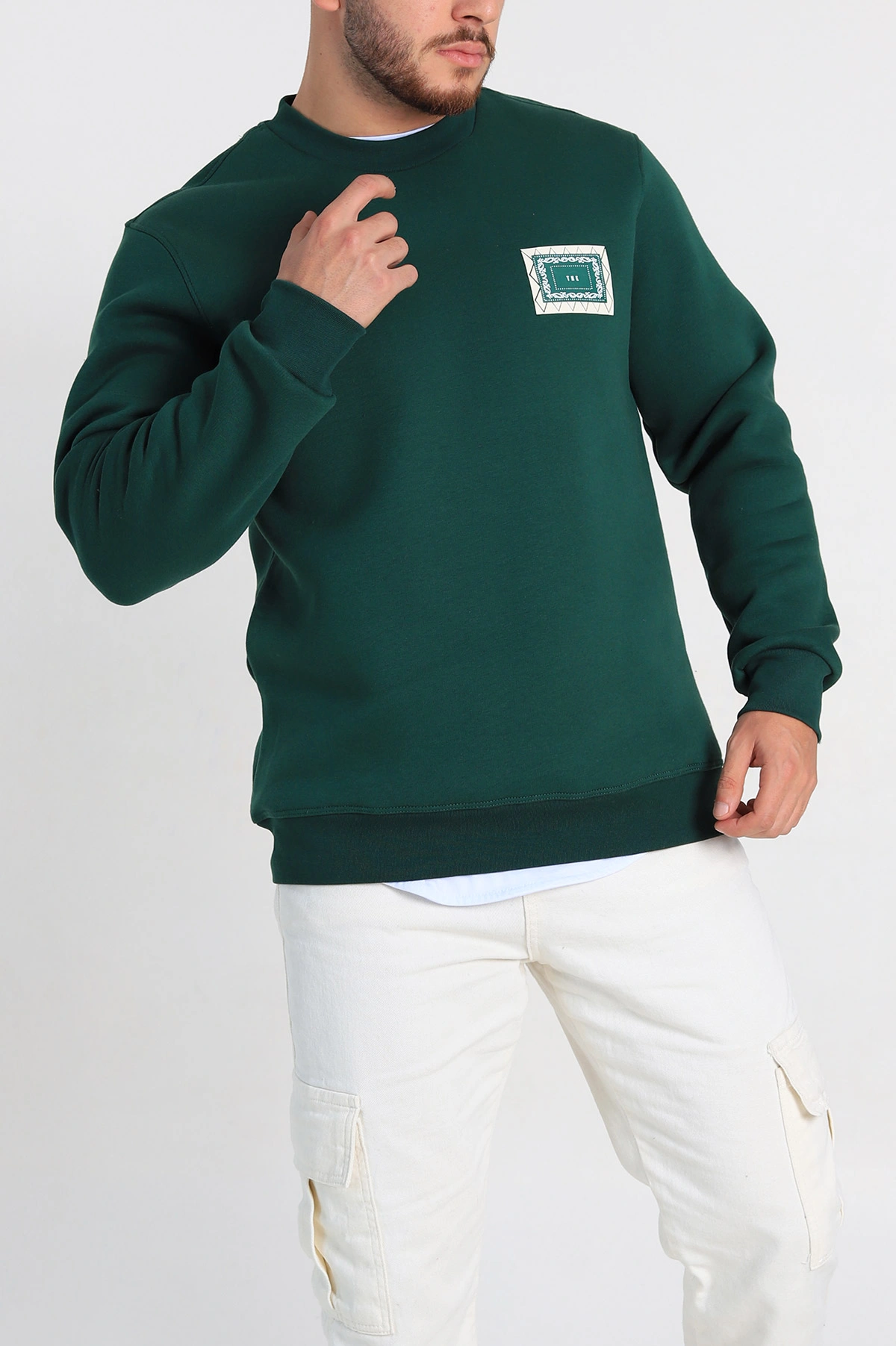 Zümrüt Yeşili Relaxed Fit Üç İp Şardonlu Baskılı Erkek Sweatshirt 309651