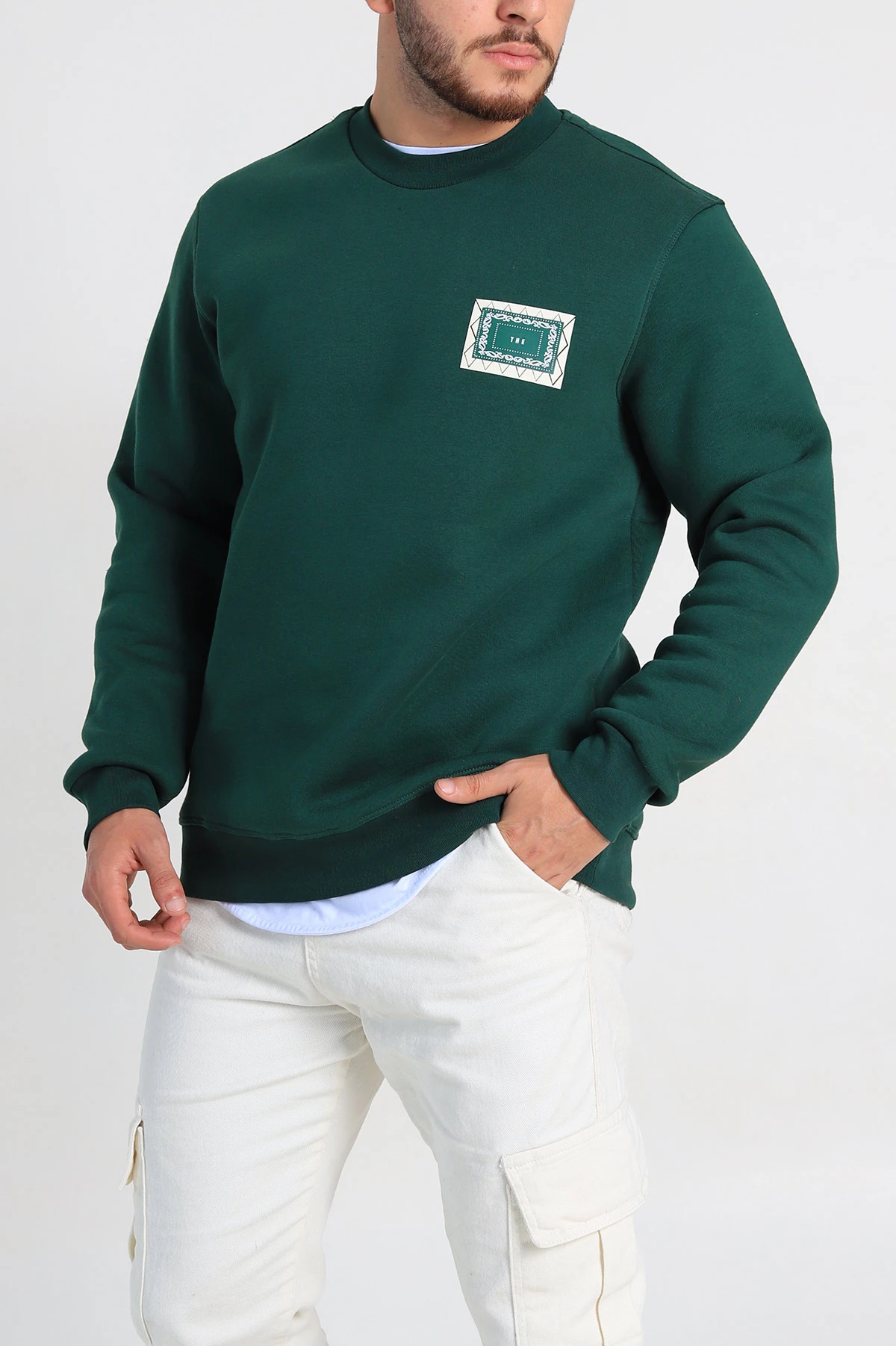 Zümrüt Yeşili Relaxed Fit Üç İp Şardonlu Baskılı Erkek Sweatshirt 309651