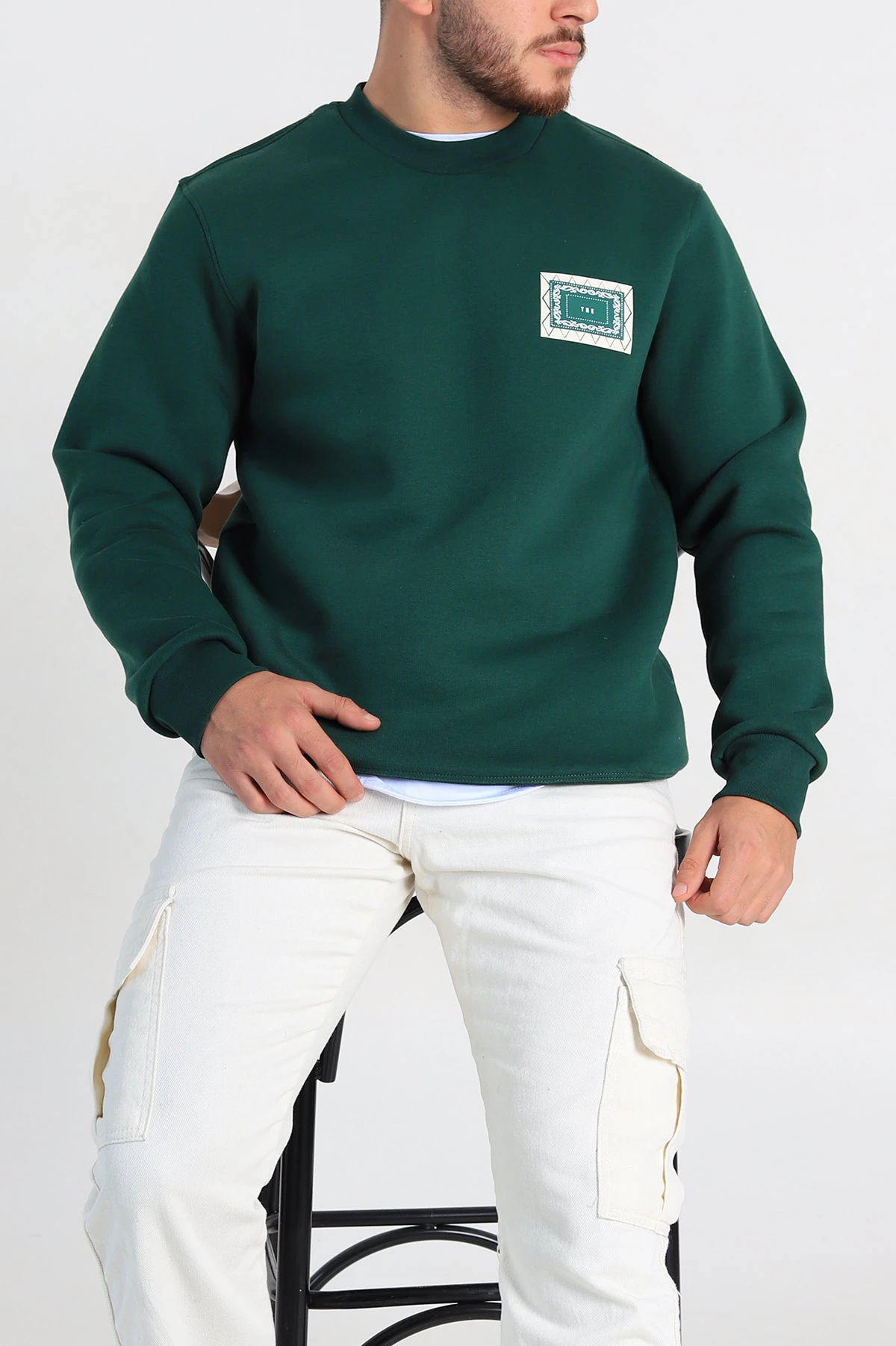 Zümrüt Yeşili Relaxed Fit Üç İp Şardonlu Baskılı Erkek Sweatshirt 309651