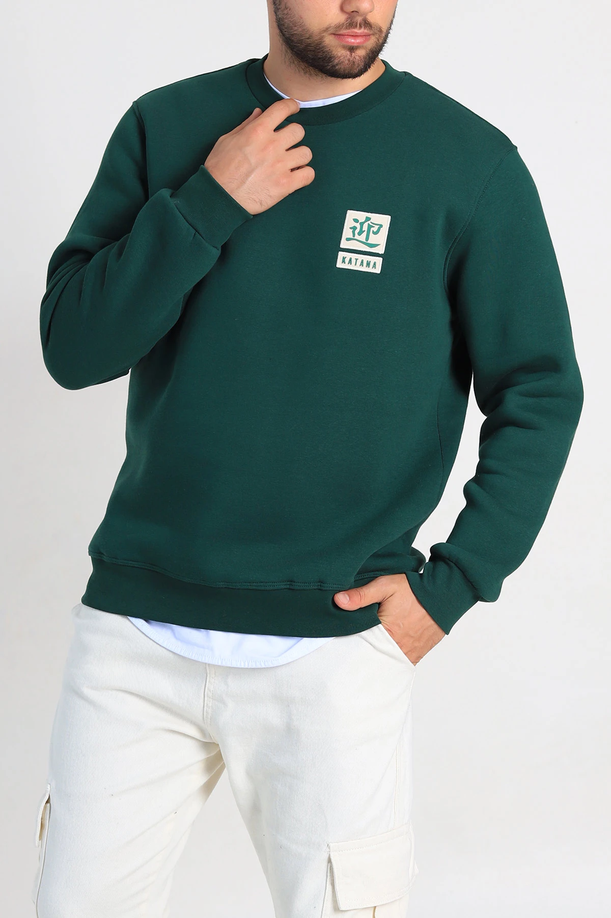 Zümrüt Yeşili Relaxed Fit Üç İp Şardonlu Kabartma Detaylı Erkek Sweatshirt 309875