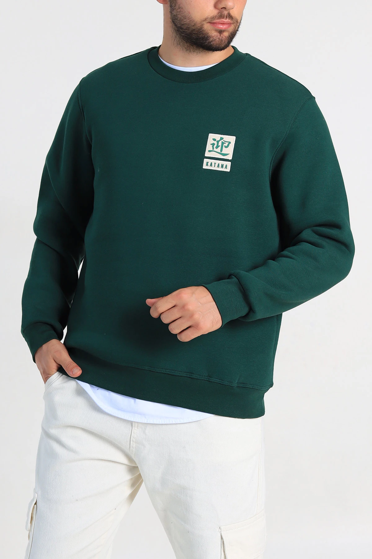 Zümrüt Yeşili Relaxed Fit Üç İp Şardonlu Kabartma Detaylı Erkek Sweatshirt 309875