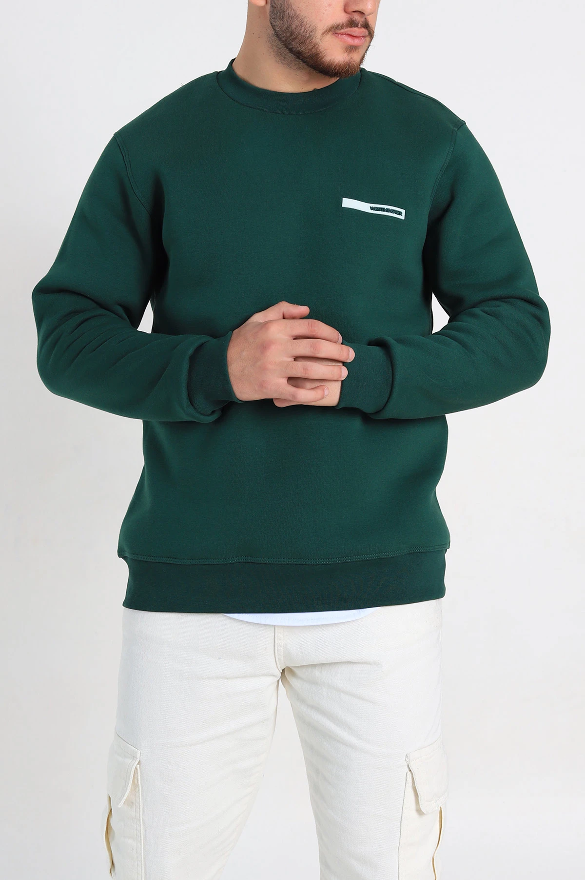 Zümrüt Yeşili Relaxed Fit Üç İp Şardonlu Kabartma Detaylı Erkek Sweatshirt 309898