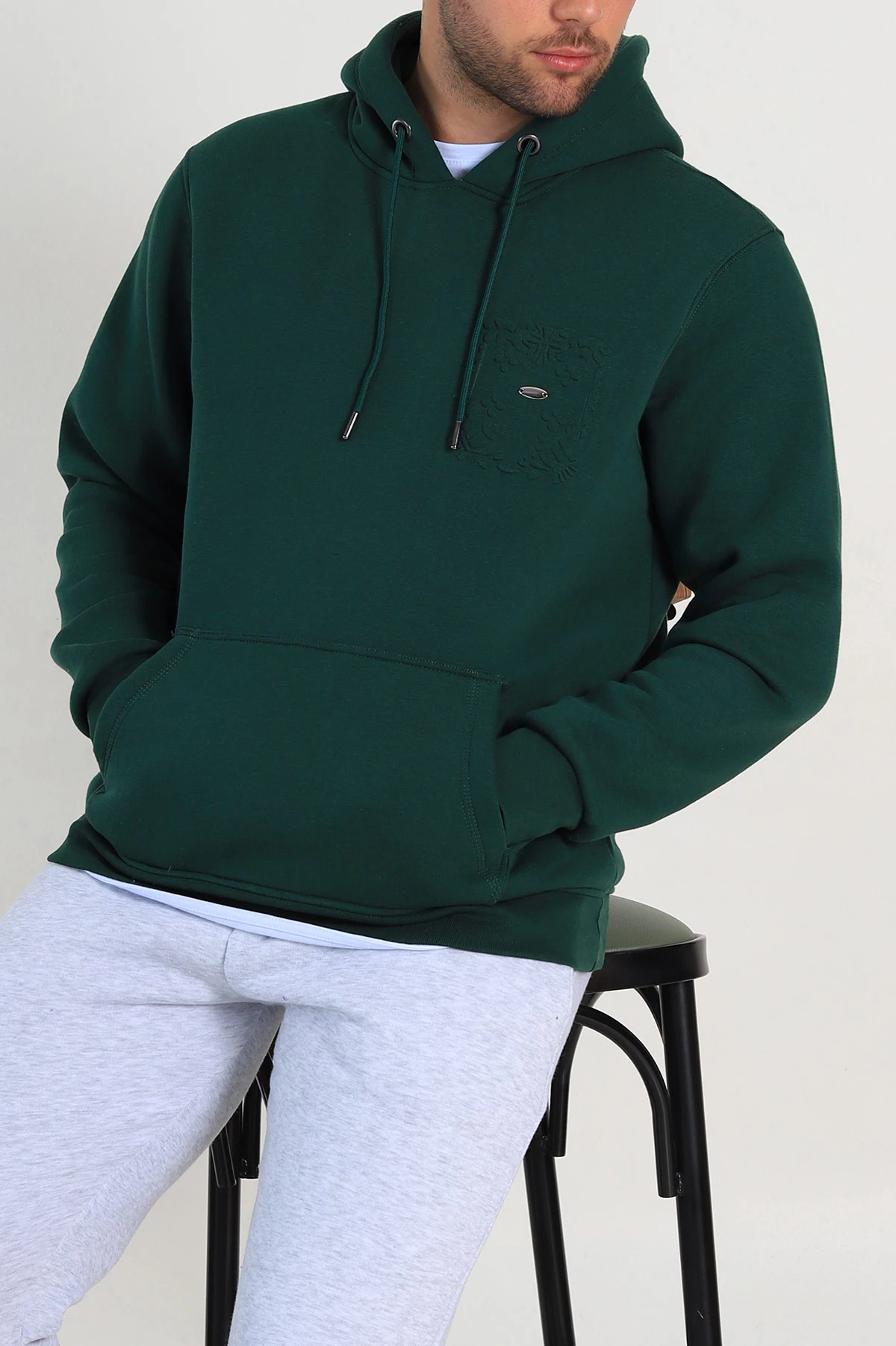 Zümrüt Yeşili Relaxed Fit Üç İp Şardonlu Kabartma Detaylı Erkek Sweatshirt 311120