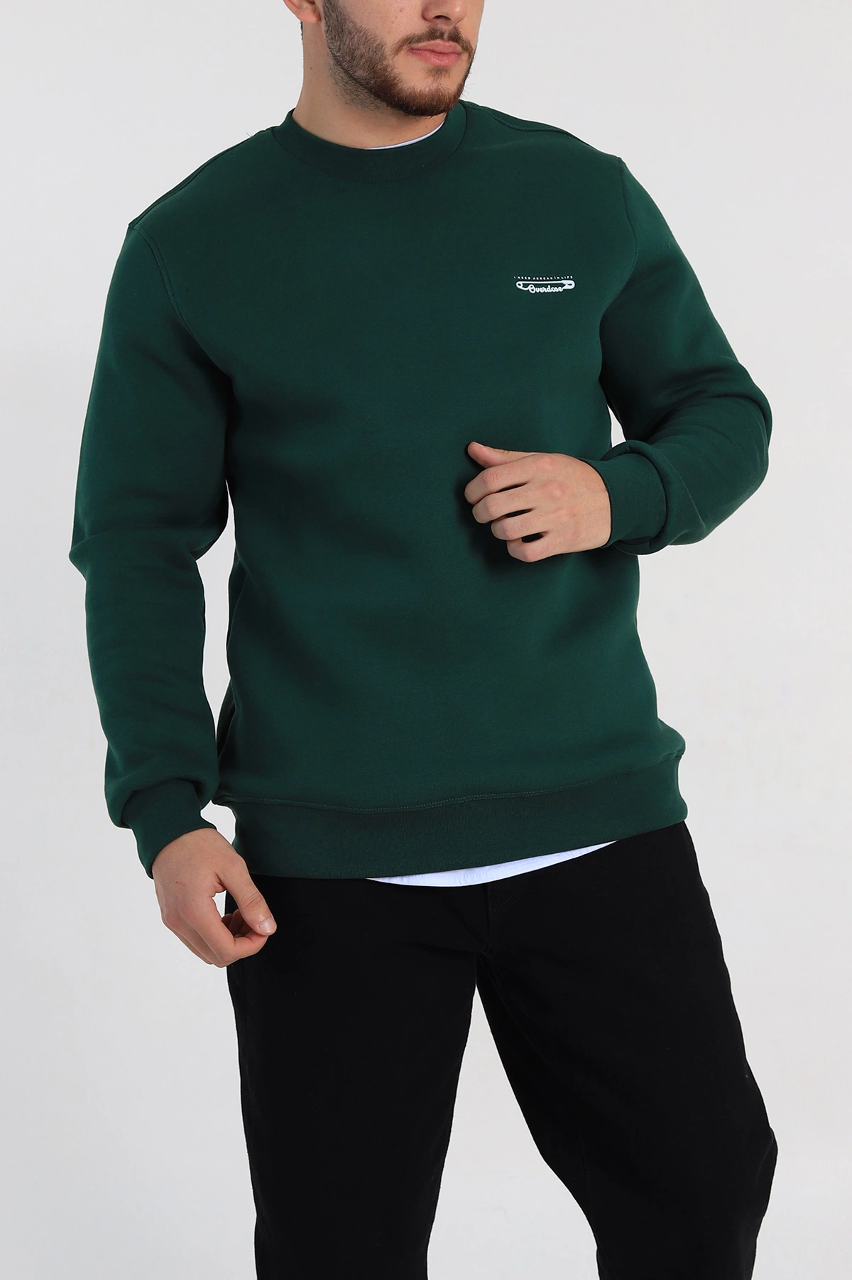 Zümrüt Yeşili Relaxed Fit Üç İp Şardonlu Kabartma Yazı Detay Erkek Sweatshirt 310402