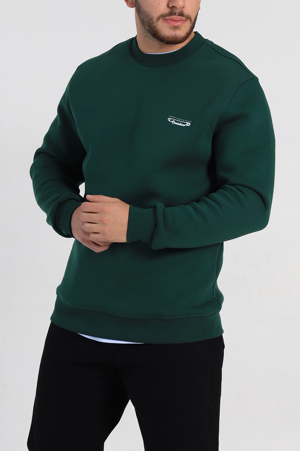 Zümrüt Yeşili Relaxed Fit Üç İp Şardonlu Kabartma Yazı Detay Erkek Sweatshirt 310402