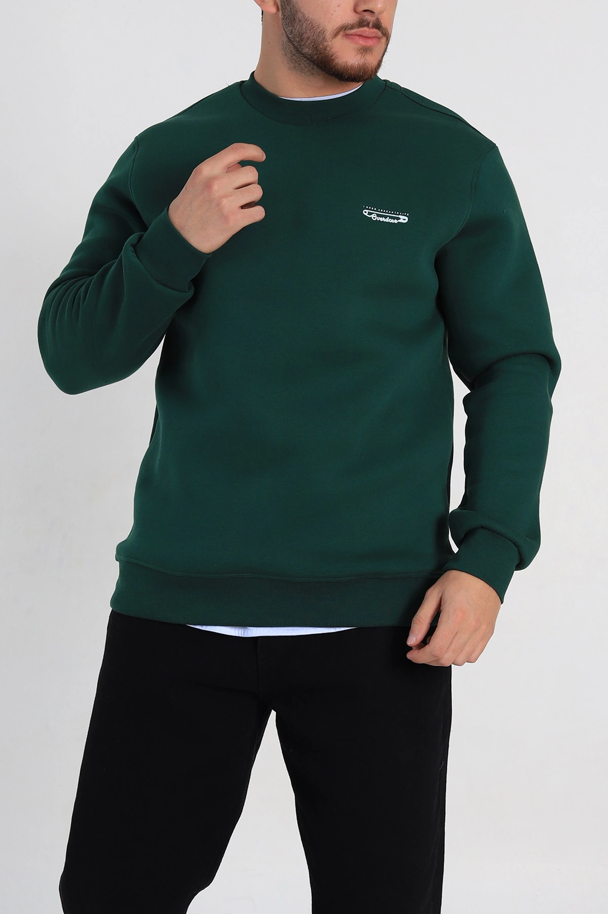 Zümrüt Yeşili Relaxed Fit Üç İp Şardonlu Kabartma Yazı Detay Erkek Sweatshirt 310402