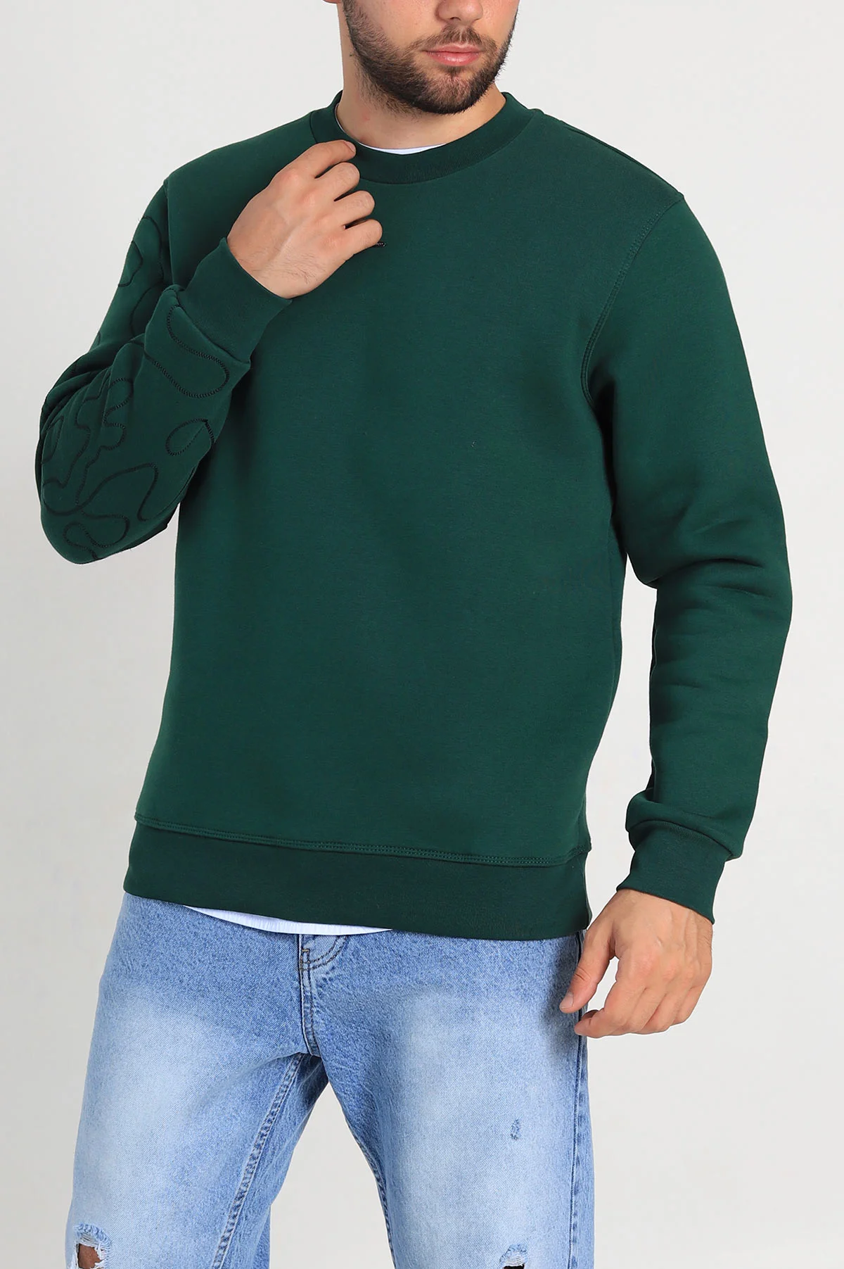 Zümrüt Yeşili Relaxed Fit Üç İp Şardonlu Kol Detaylı Erkek Sweatshirt 309951