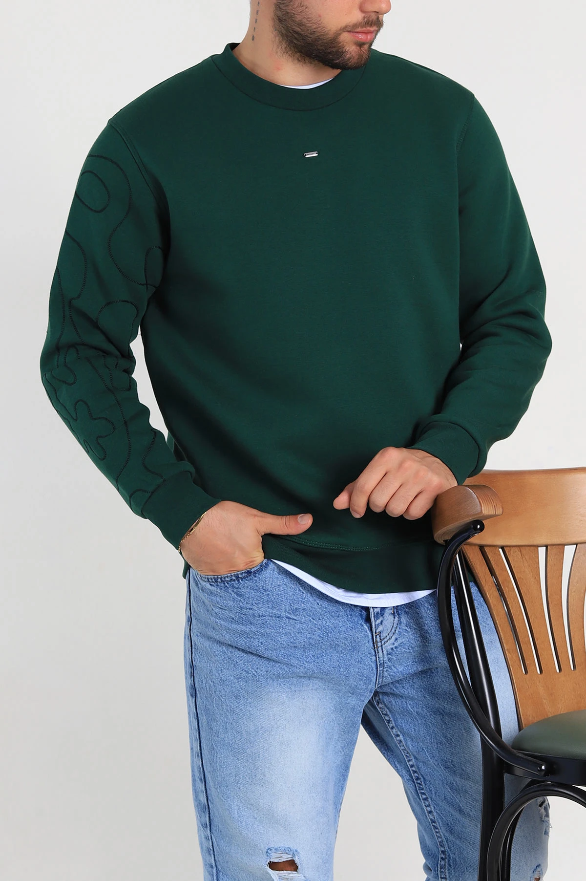 Zümrüt Yeşili Relaxed Fit Üç İp Şardonlu Kol Detaylı Erkek Sweatshirt 309951
