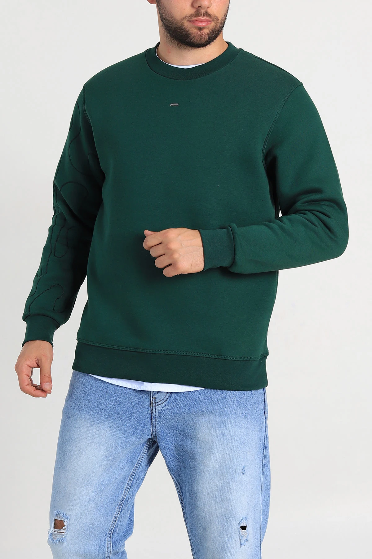 Zümrüt Yeşili Relaxed Fit Üç İp Şardonlu Kol Detaylı Erkek Sweatshirt 309951