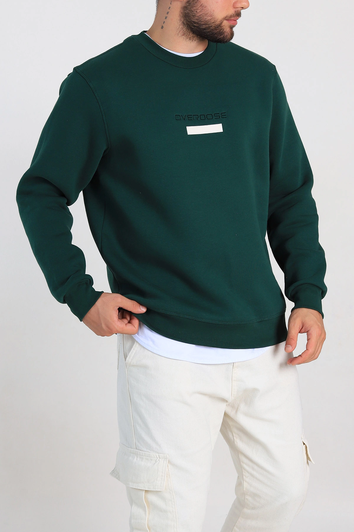 Zümrüt Yeşili Relaxed Fit Üç İp Şardonlu Yazı Detaylı Erkek Sweatshirt 310483