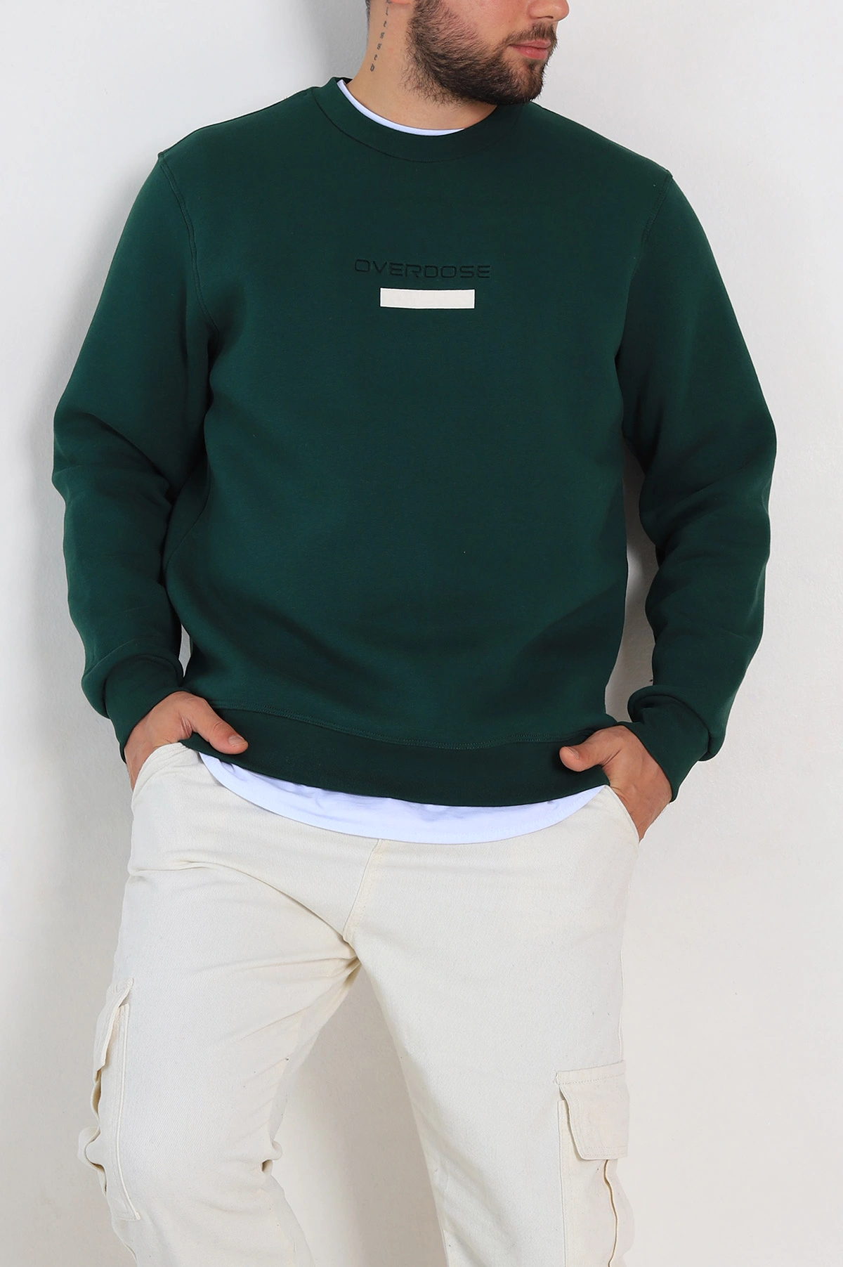 Zümrüt Yeşili Relaxed Fit Üç İp Şardonlu Yazı Detaylı Erkek Sweatshirt 310483