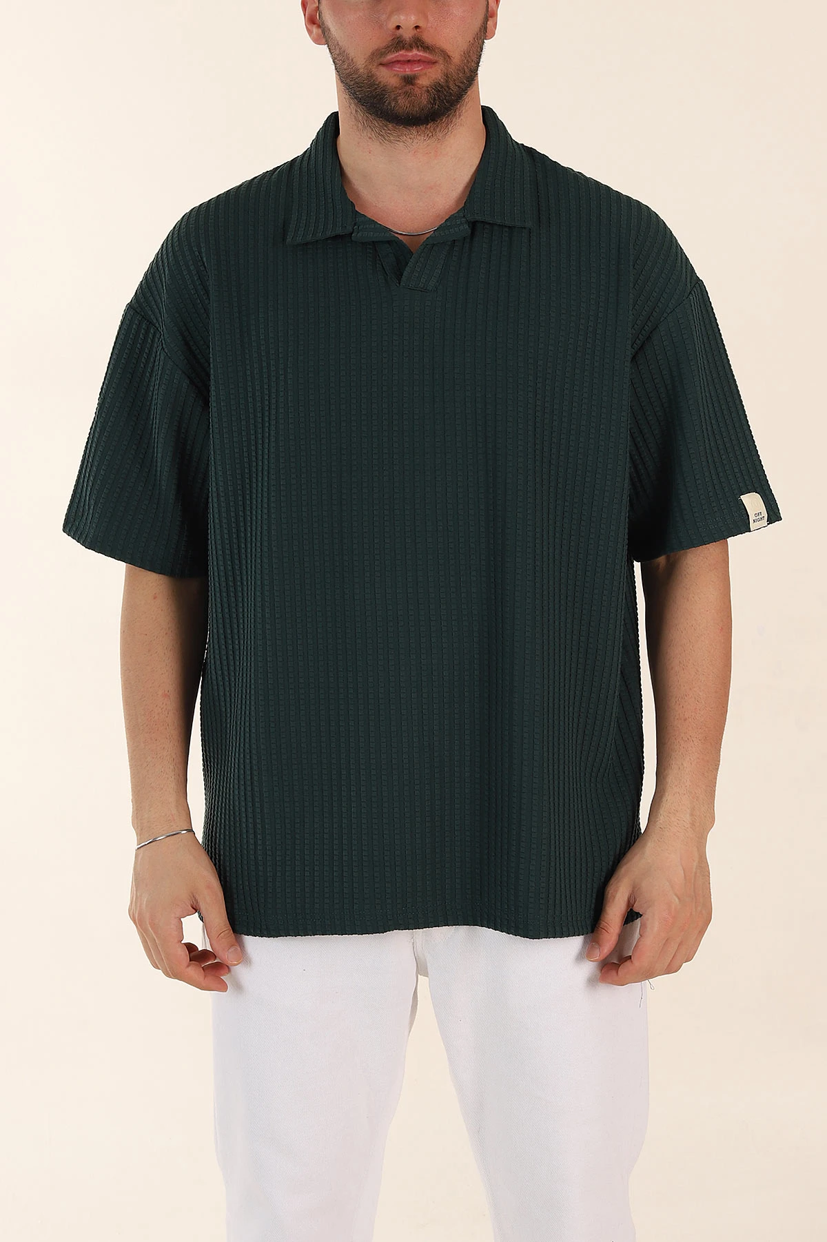 Zümrüt Yeşili Relaxed Fit Waffle Dokulu Patlı Polo Yaka Erkek Tişört 370294
