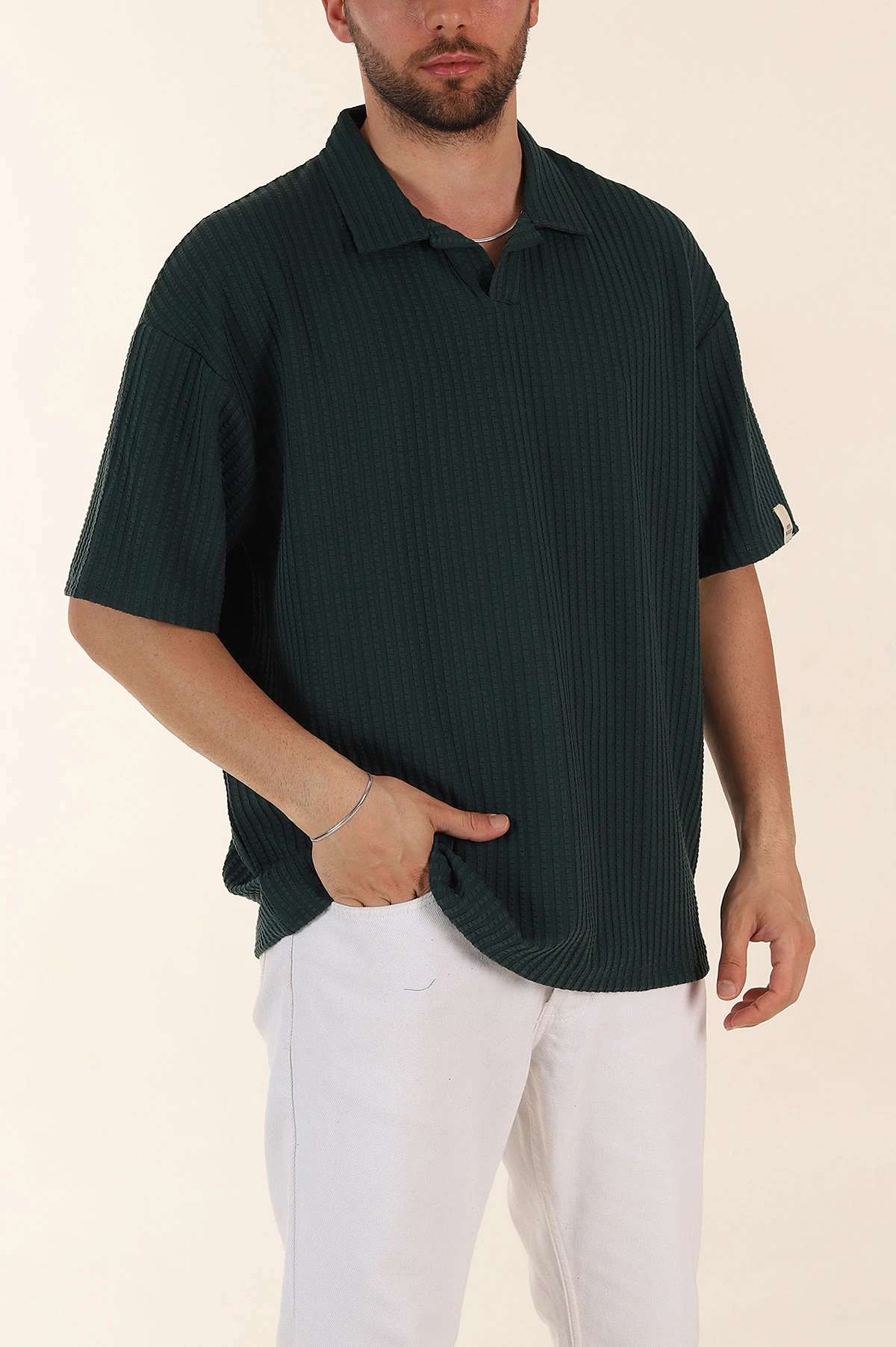 Zümrüt Yeşili Relaxed Fit Waffle Dokulu Patlı Polo Yaka Erkek Tişört 370294