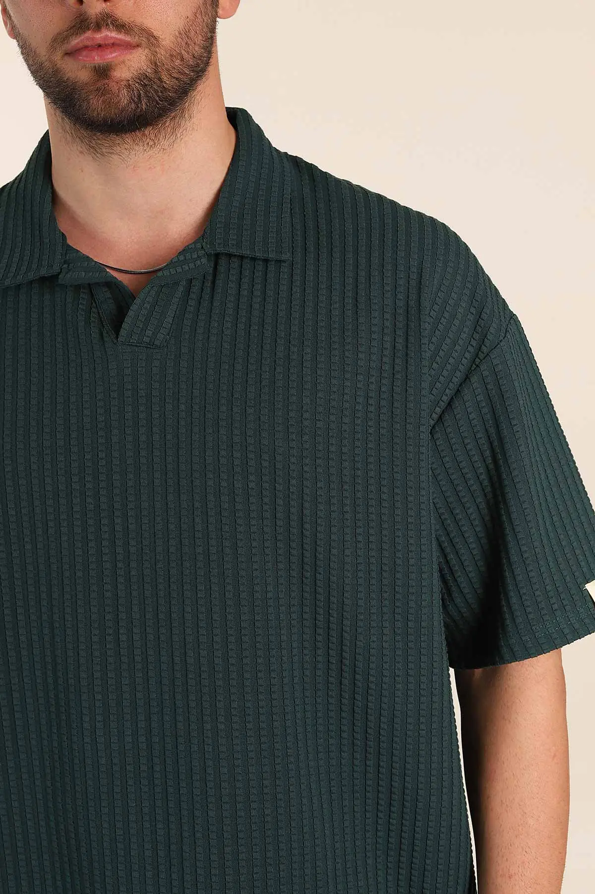 Zümrüt Yeşili Relaxed Fit Waffle Dokulu Patlı Polo Yaka Erkek Tişört 370294