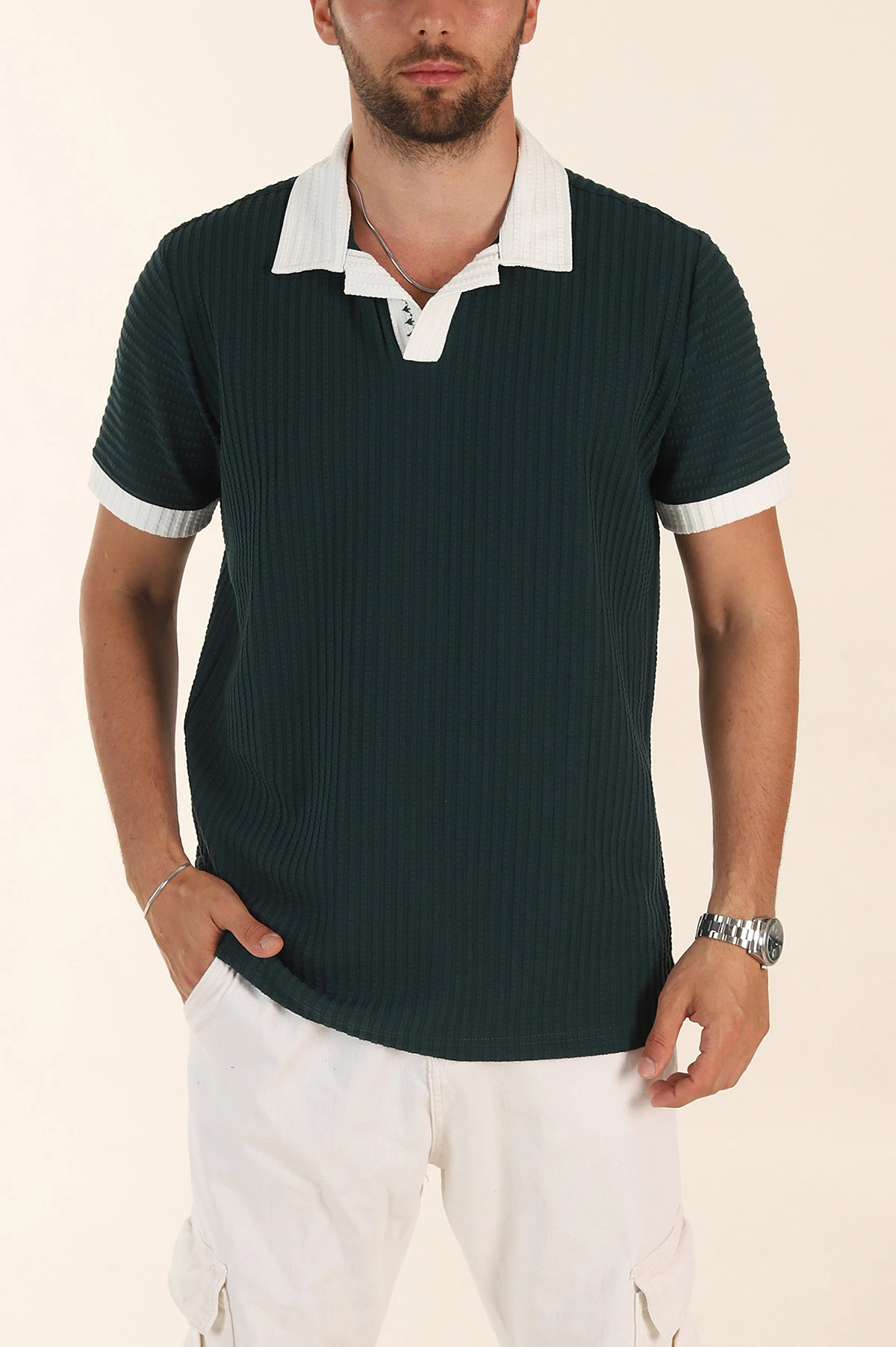 Zümrüt Yeşili Relaxed Fit Waffle Dokulu Polo Yaka Erkek Tişört 373068