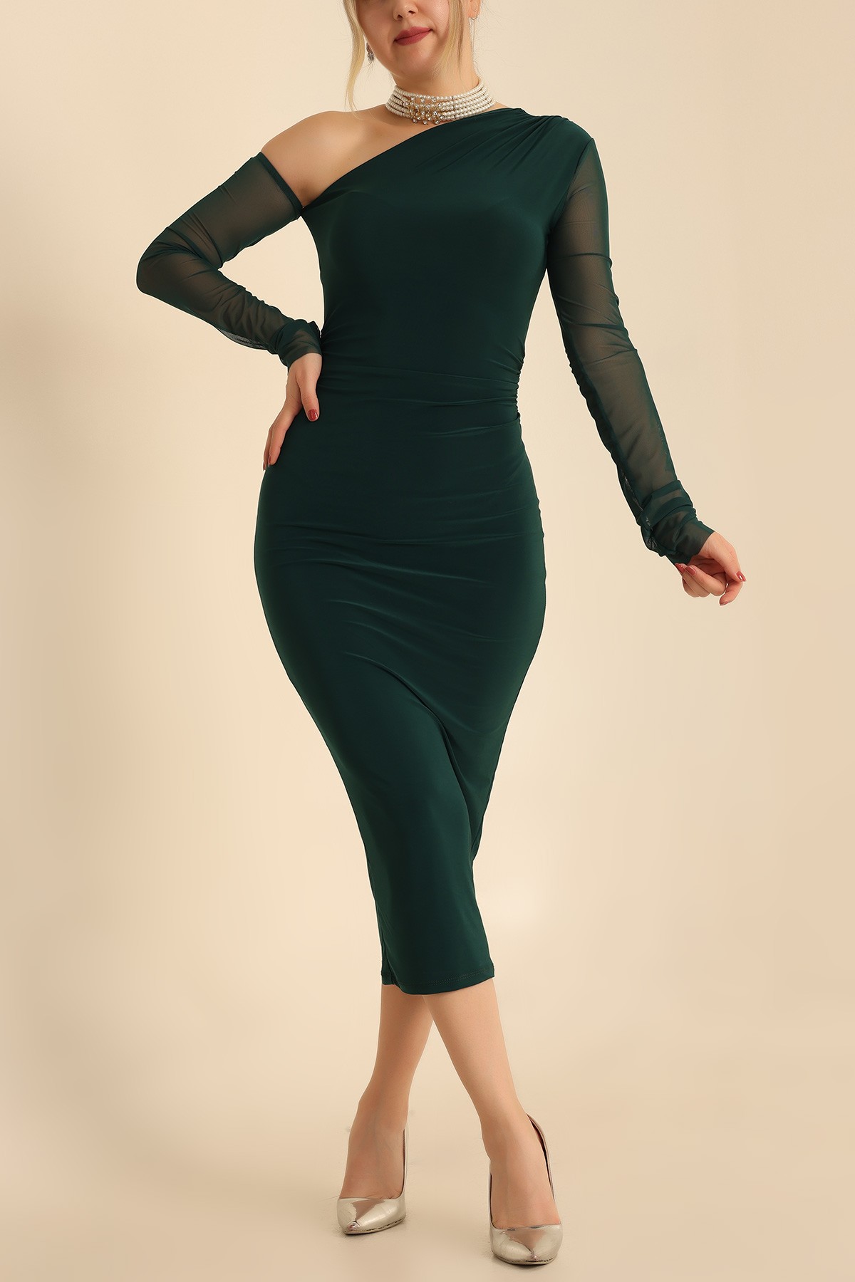 Zümrüt Yeşili Sandy Kumaş Elbise 218672