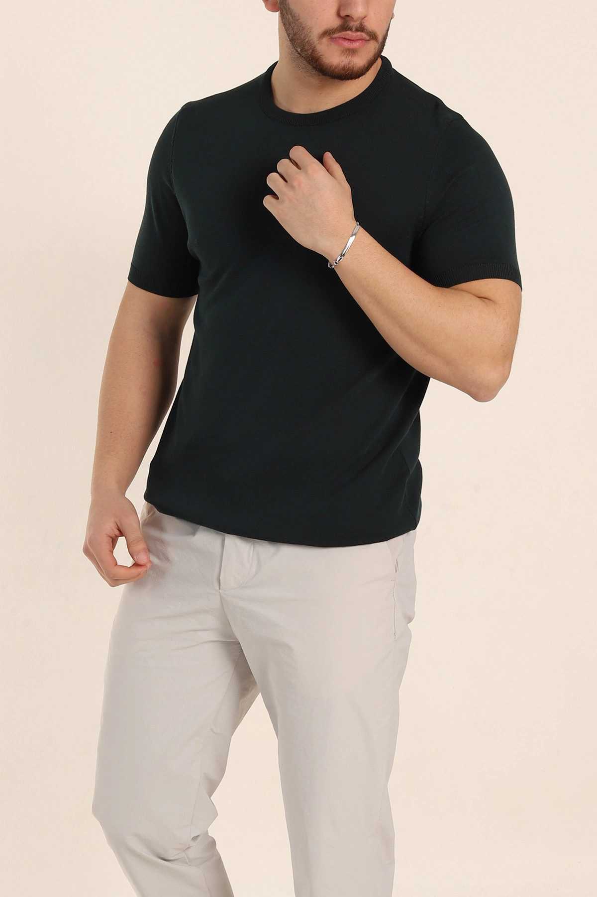Zümrüt Yeşili Slim Fit Basic Kısa Kollu Triko Tişört 338592