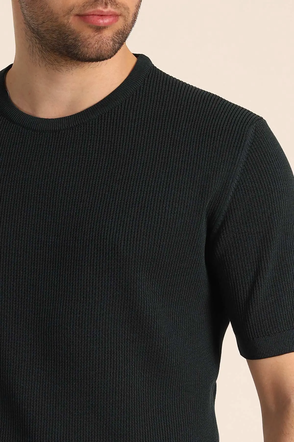 Zümrüt Yeşili Slim Fit Dokulu Basic Kısa Kollu Erkek Triko Tişört 338659