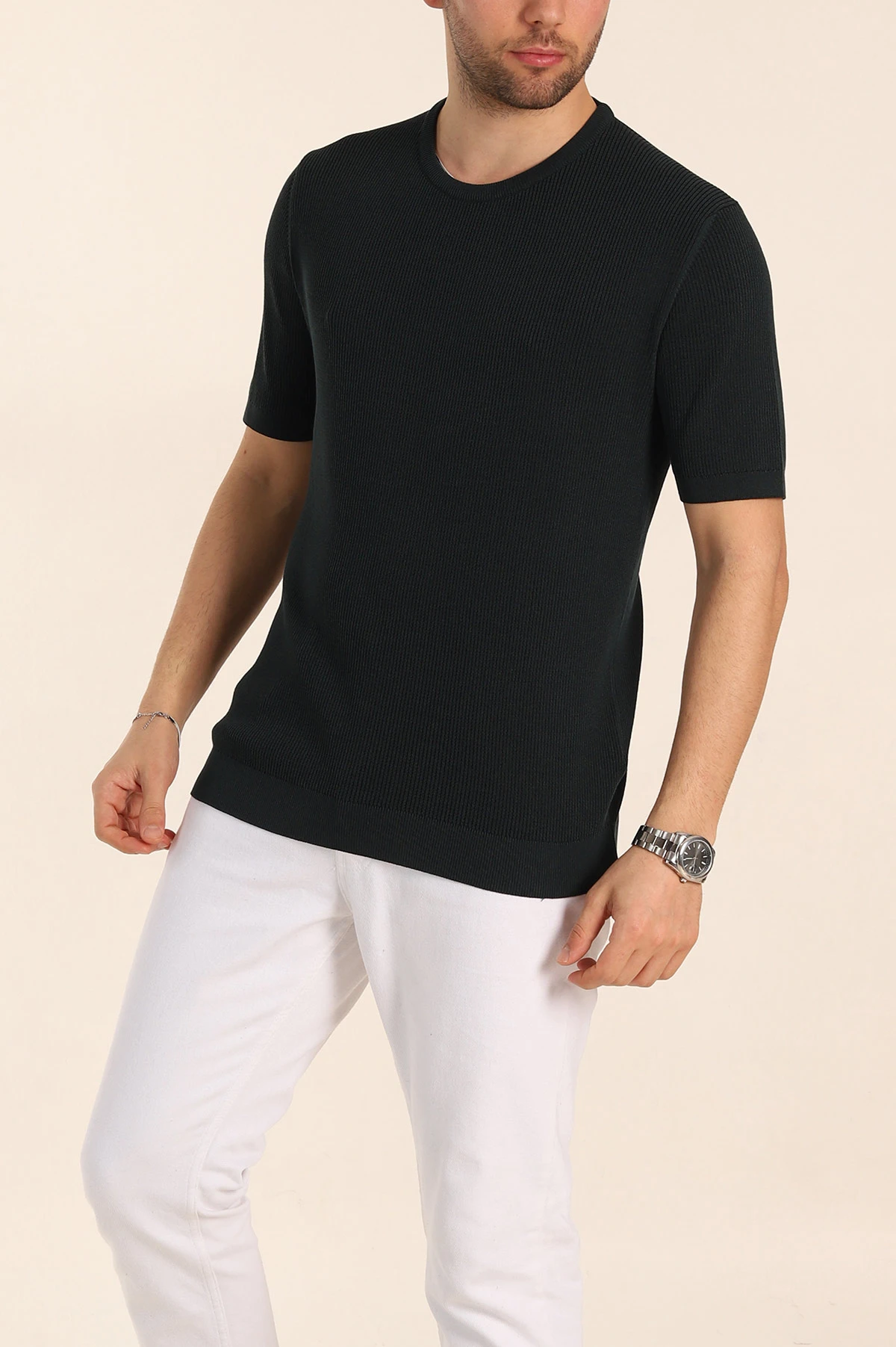 Zümrüt Yeşili Slim Fit Dokulu Basic Kısa Kollu Erkek Triko Tişört 338659
