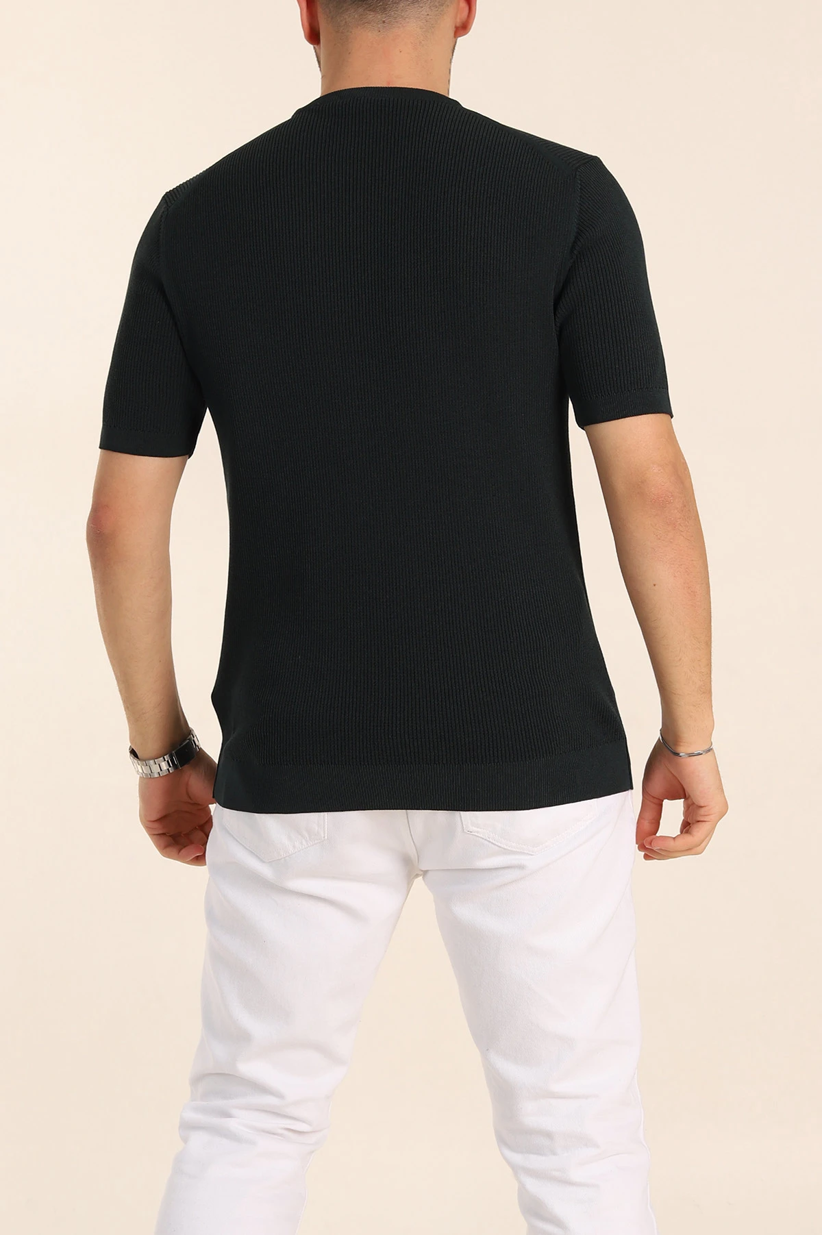 Zümrüt Yeşili Slim Fit Dokulu Basic Kısa Kollu Erkek Triko Tişört 338659
