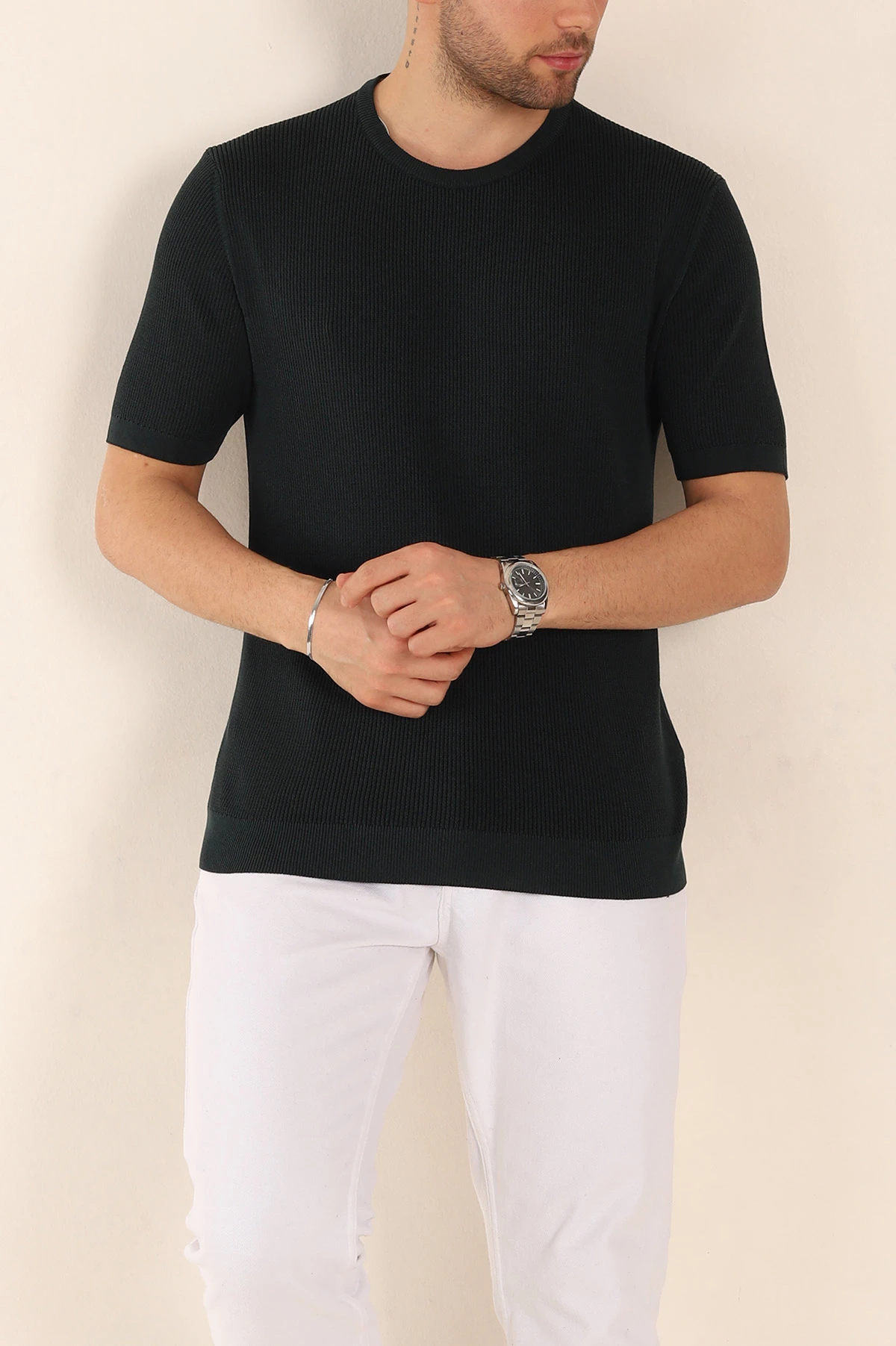 Zümrüt Yeşili Slim Fit Dokulu Basic Kısa Kollu Erkek Triko Tişört 338659