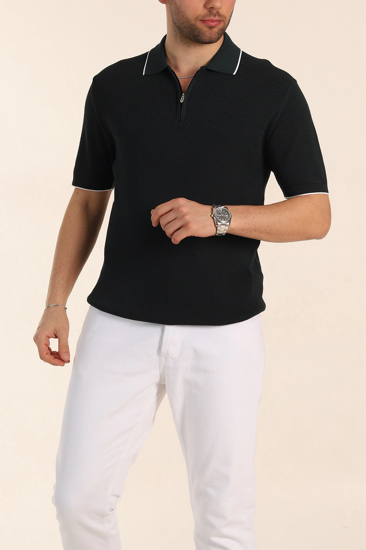 Zümrüt Yeşili Slim Fit Dokulu Fermuarlı Polo Yaka Kısa Kollu Erkek Triko Tişört 338615