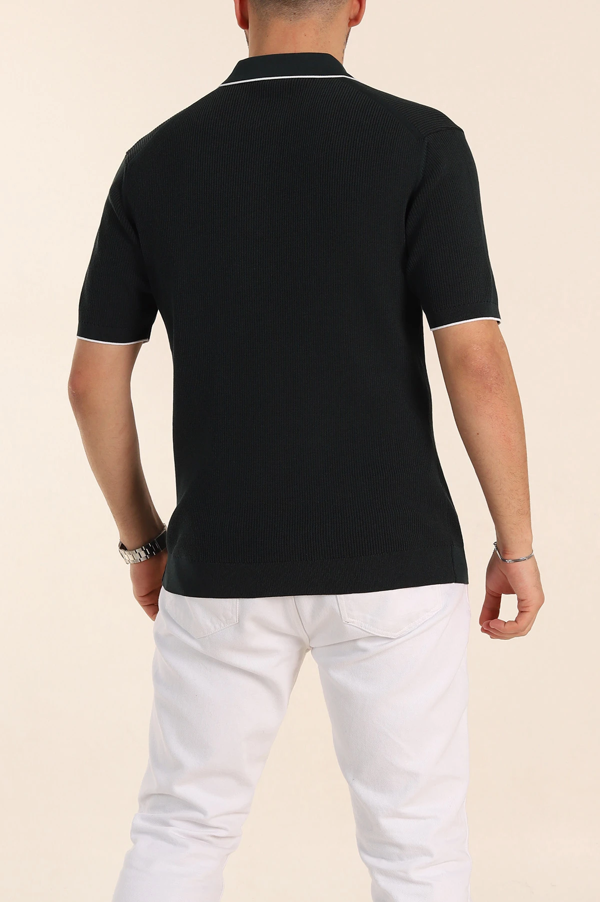 Zümrüt Yeşili Slim Fit Dokulu Fermuarlı Polo Yaka Kısa Kollu Erkek Triko Tişört 338615