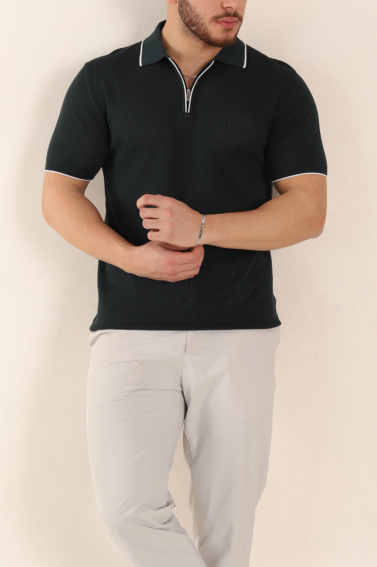 Zümrüt Yeşili Slim Fit Fermuarlı Polo Yaka Kısa Kollu Erkek Triko Tişört 338562