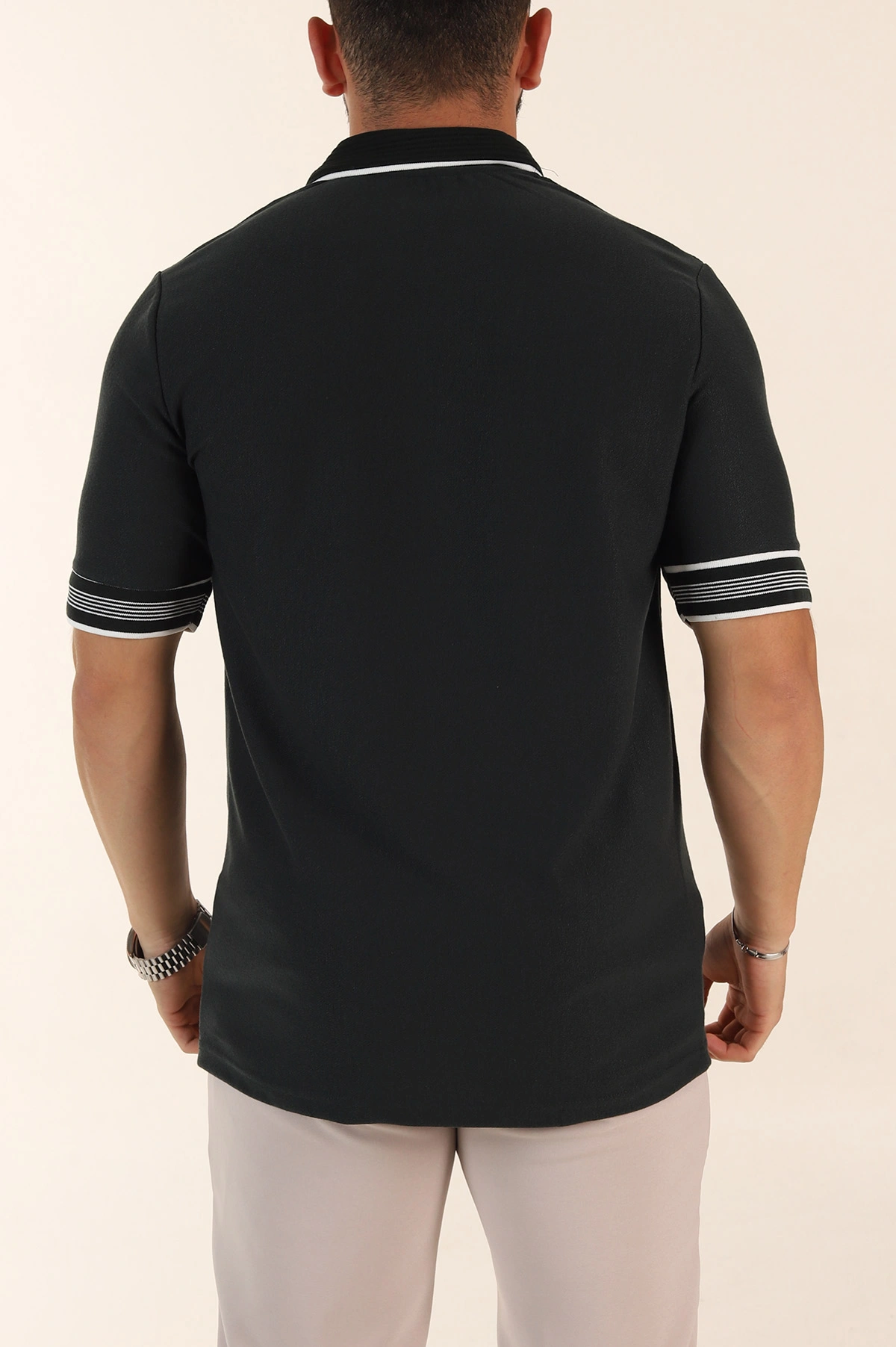 Zümrüt Yeşili Slim Fit Kol Detaylı Fermuarlı Polo Yaka Erkek Triko Tişört 369508