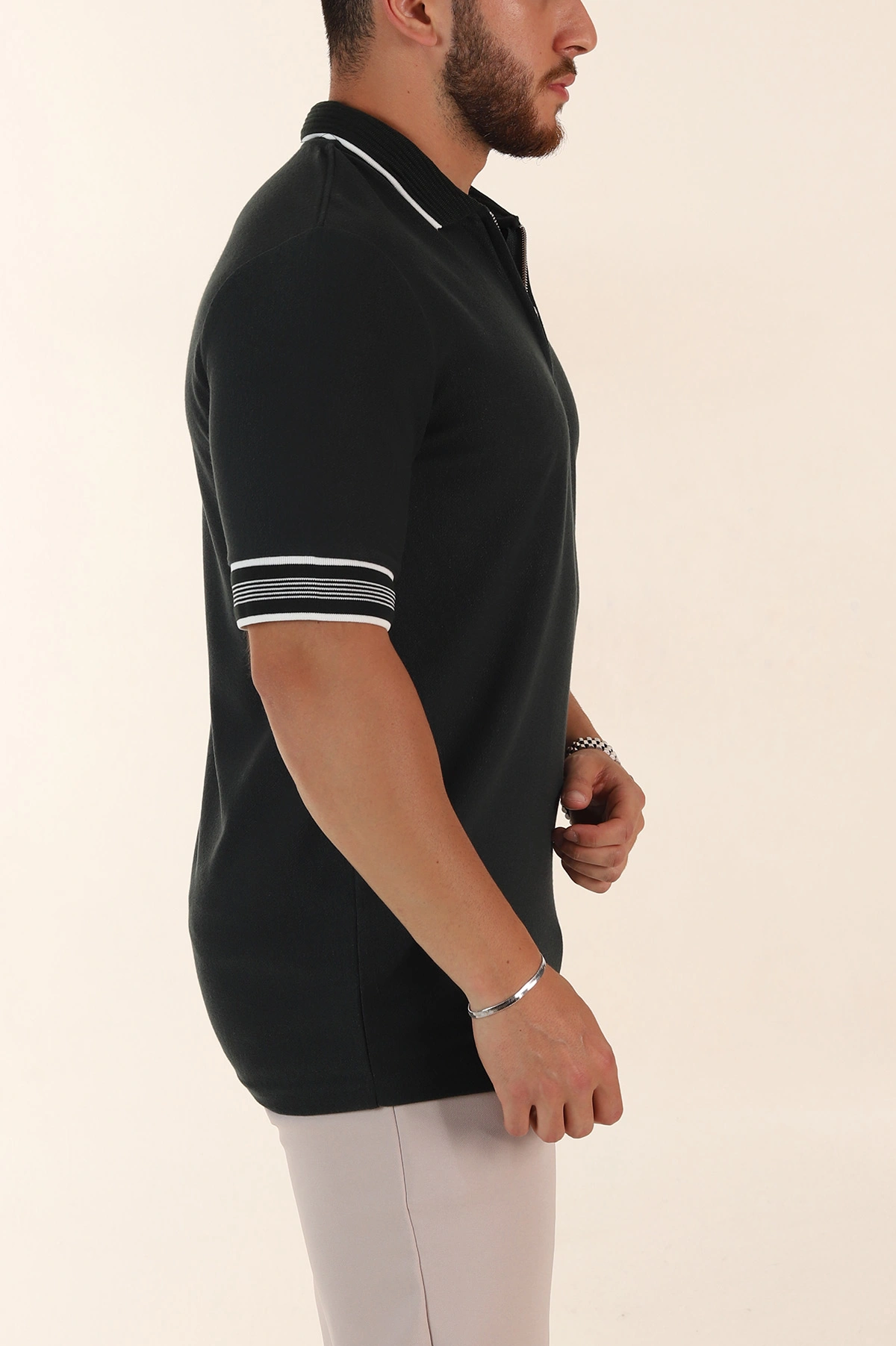 Zümrüt Yeşili Slim Fit Kol Detaylı Fermuarlı Polo Yaka Erkek Triko Tişört 369508